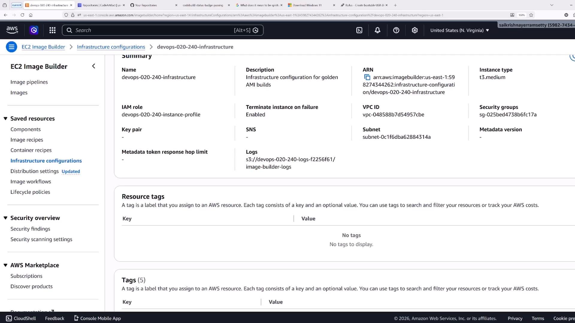 A screenshot of the AWS EC2 Image Builder console showing an infrastructure configuration named "devops-020-240-infrastructure" with details like IAM role, ARN, VPC ID, instance type (t3.medium) and S3 logs. The Resource tags area is visible and shows no tags.