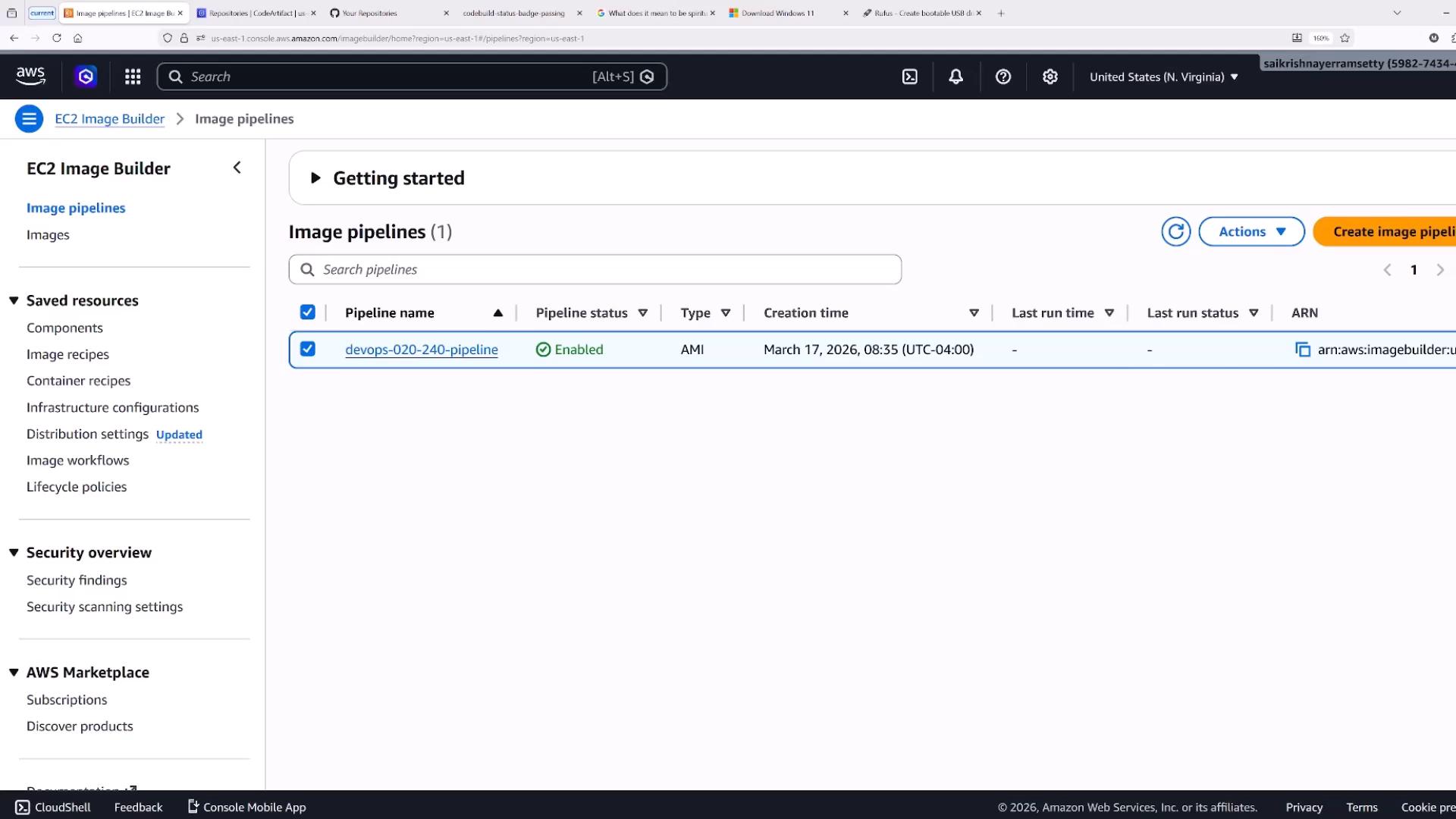 Screenshot of the AWS EC2 Image Builder "Image pipelines" page showing a single pipeline named "devops-020-240-pipeline" with status Enabled and type AMI. The pipeline's creation time is listed as March 17, 2026.