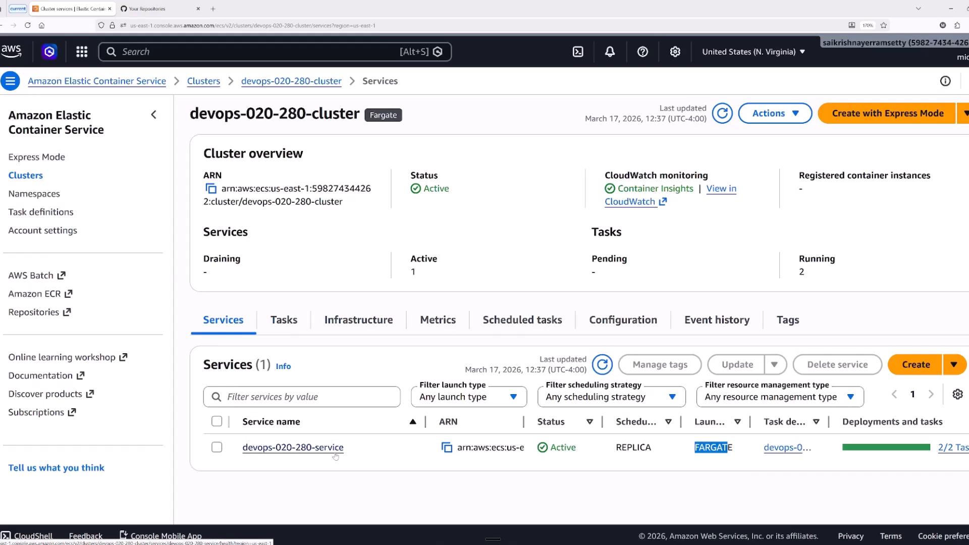 A screenshot of the AWS Elastic Container Service console showing the "devops-020-280-cluster" (Fargate) cluster overview with status Active and CloudWatch Container Insights enabled. It shows one active service (devops-020-280-service) and two running tasks.