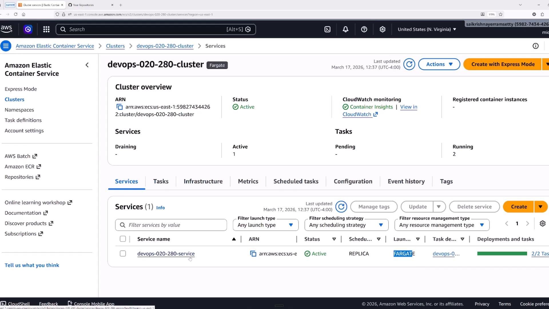 A screenshot of the AWS Elastic Container Service console showing the "devops-020-280-cluster" (Fargate) cluster overview with status Active and CloudWatch Container Insights enabled. It shows one active service (devops-020-280-service) and two running tasks.