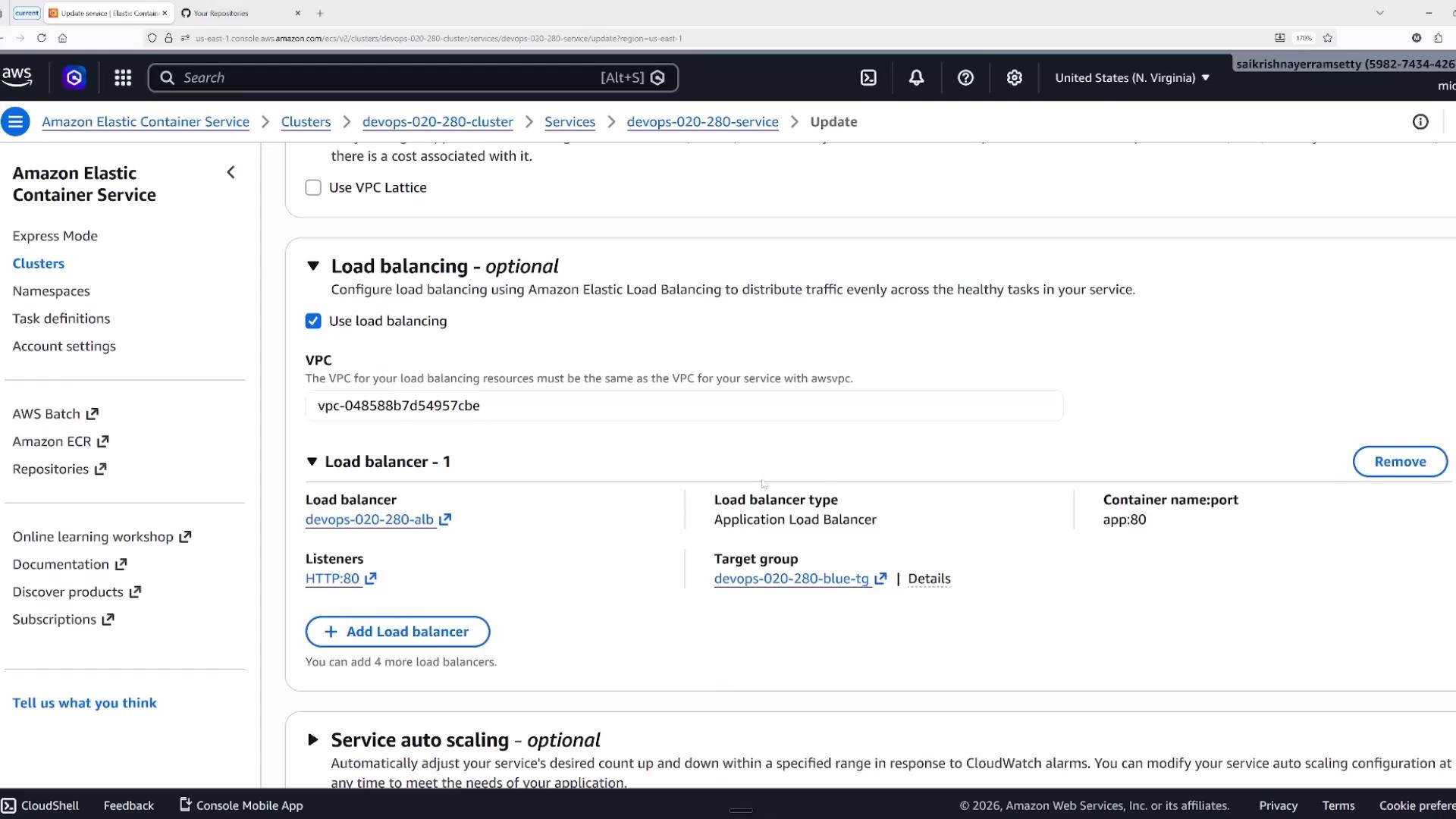 A screenshot of the Amazon Elastic Container Service (ECS) console showing the "Load balancing" configuration for a service, including the VPC ID, an Application Load Balancer, an HTTP:80 listener, target group, and container:port mapping (app:80). The left sidebar shows ECS navigation links like Clusters and Task definitions.
