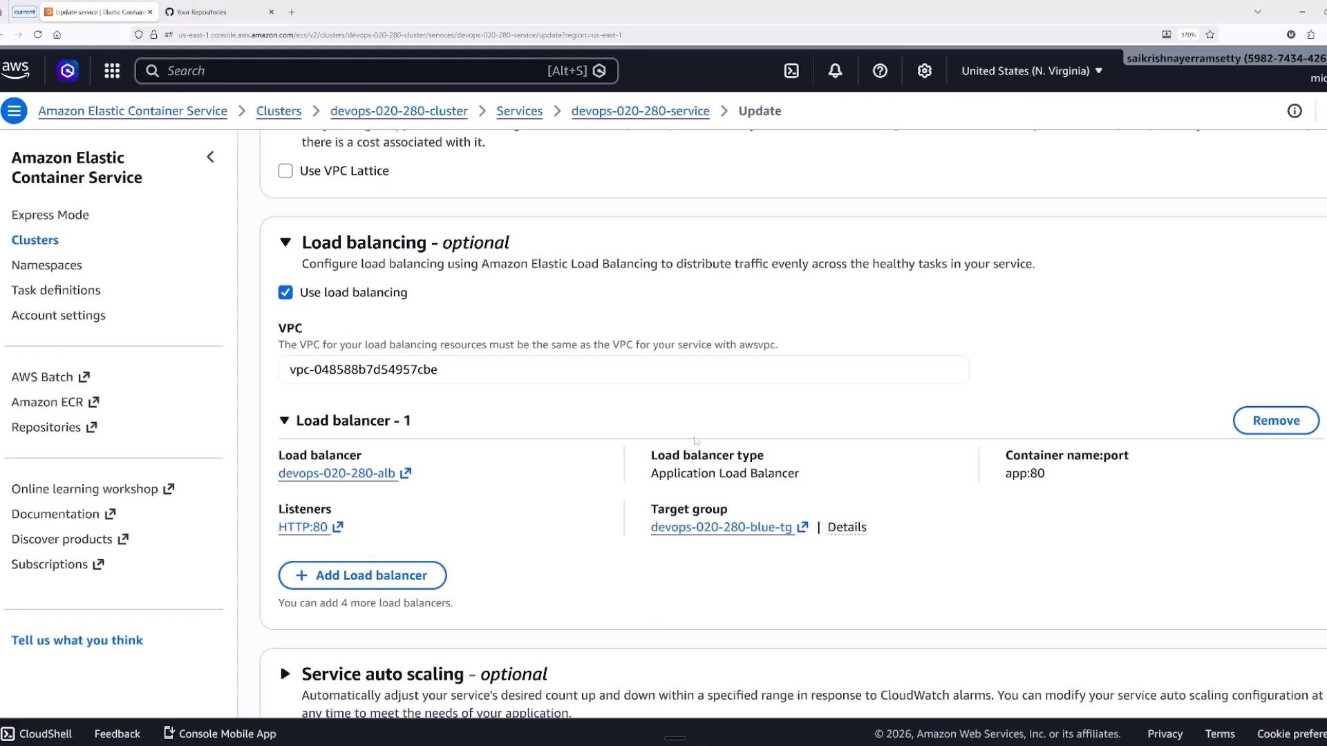 A screenshot of the Amazon Elastic Container Service (ECS) console showing the "Load balancing" configuration for a service, including the VPC ID, an Application Load Balancer, an HTTP:80 listener, target group, and container:port mapping (app:80). The left sidebar shows ECS navigation links like Clusters and Task definitions.