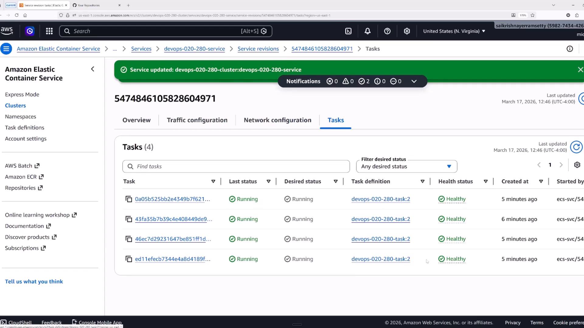 A screenshot of the Amazon Elastic Container Service (ECS) console showing the Tasks tab for a service revision, listing four running tasks with "Healthy" health status. A green banner at the top indicates the service was updated.