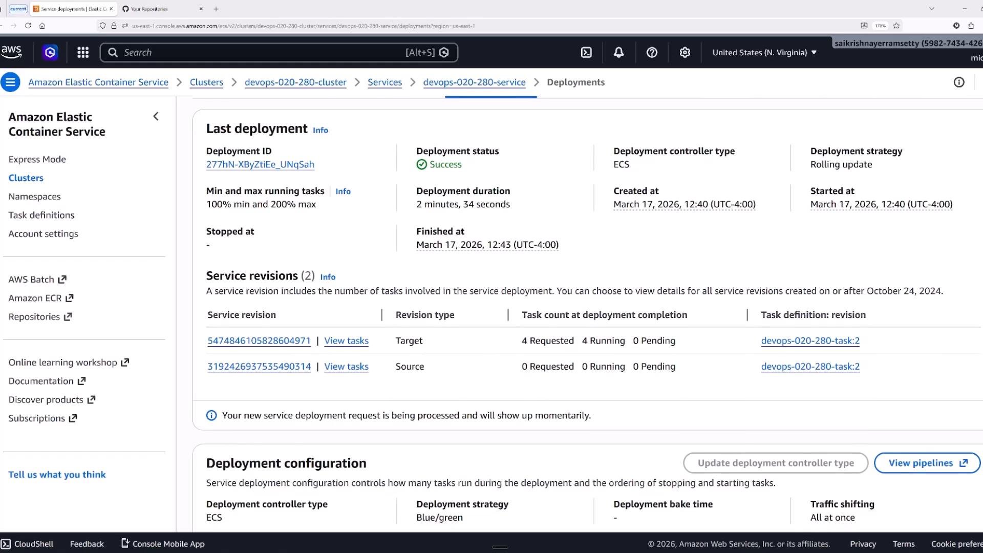 Screenshot of the Amazon Elastic Container Service (ECS) console showing a service's Deployments page with "Last deployment" details (deployment ID, status = Success, start/finish times) and a list of service revisions and task counts.