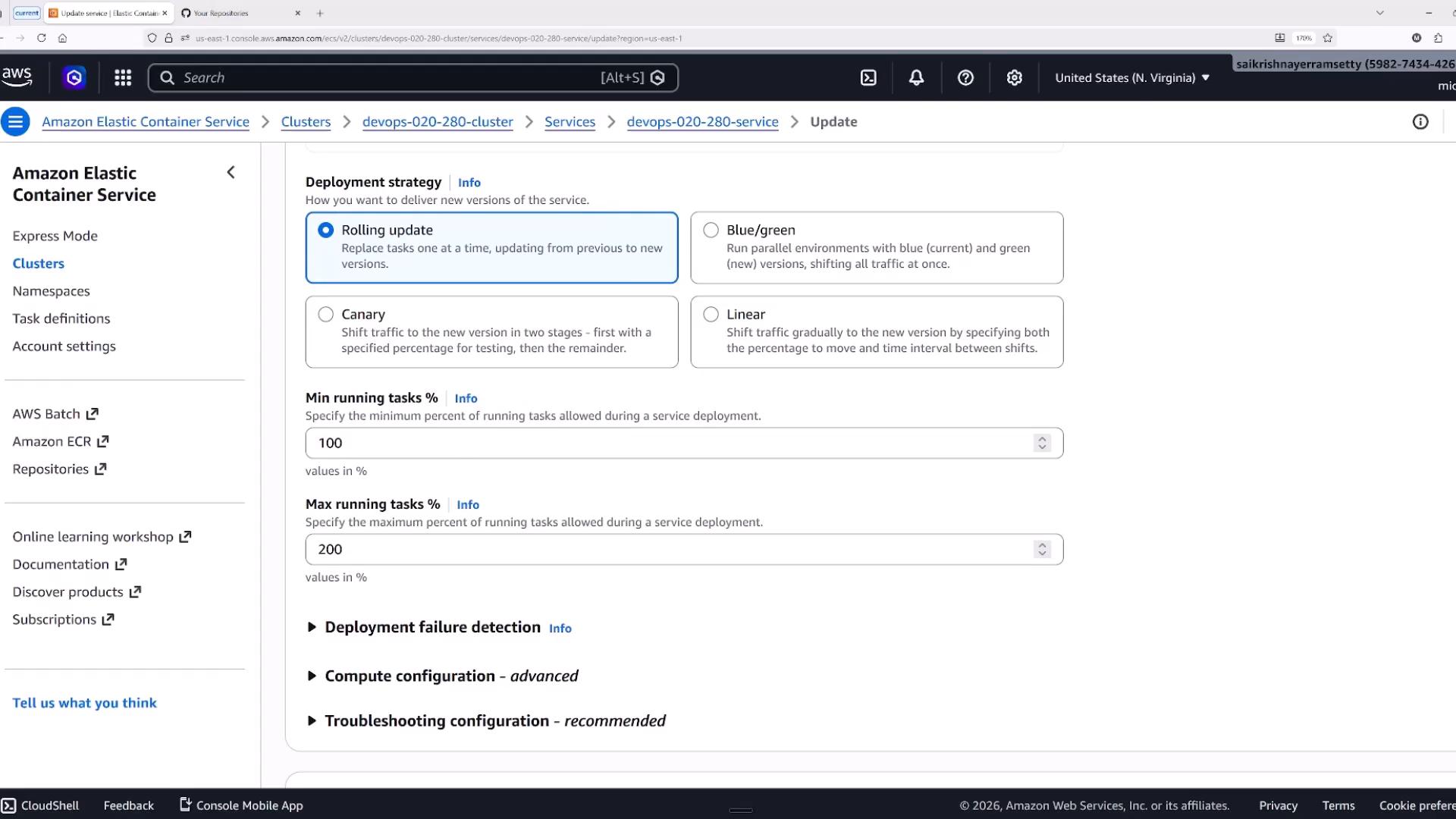 A screenshot of the Amazon Elastic Container Service (ECS) console on the service Update page, showing deployment strategy options with "Rolling update" selected. The page also displays fields for Min/Max running tasks percentages and ECS navigation links in the left sidebar.