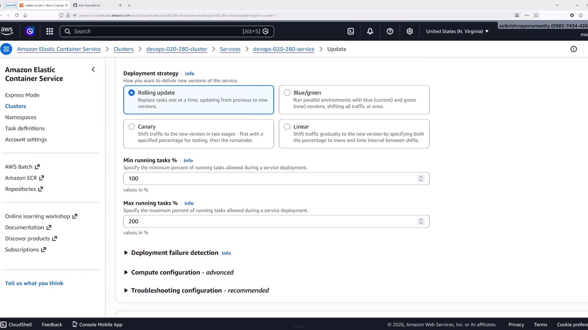 A screenshot of the Amazon Elastic Container Service (ECS) console on the service Update page, showing deployment strategy options with "Rolling update" selected. The page also displays fields for Min/Max running tasks percentages and ECS navigation links in the left sidebar.