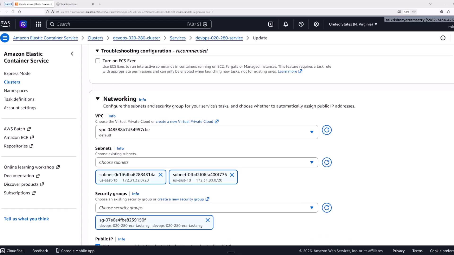 Screenshot of the Amazon Elastic Container Service (ECS) console on the "Update" page showing Networking settings. It displays VPC, subnet and security group selections and a Troubleshooting configuration (ECS Exec) option.