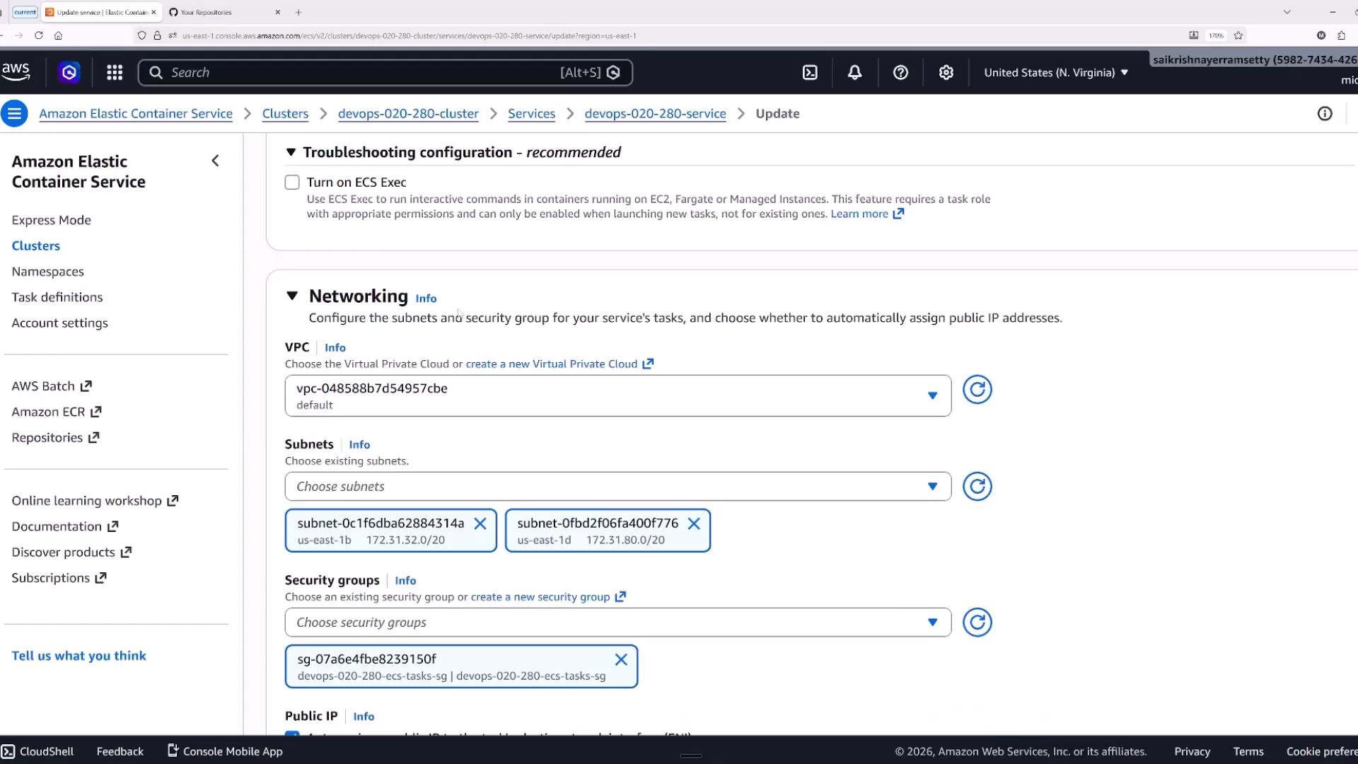 Screenshot of the Amazon Elastic Container Service (ECS) console on the "Update" page showing Networking settings. It displays VPC, subnet and security group selections and a Troubleshooting configuration (ECS Exec) option.