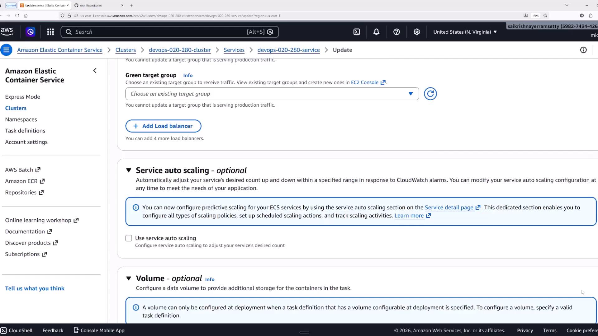 A screenshot of the Amazon Elastic Container Service (ECS) console showing the "Update" service page with options for selecting a green target group, adding a load balancer, and configuring service auto scaling and volumes.