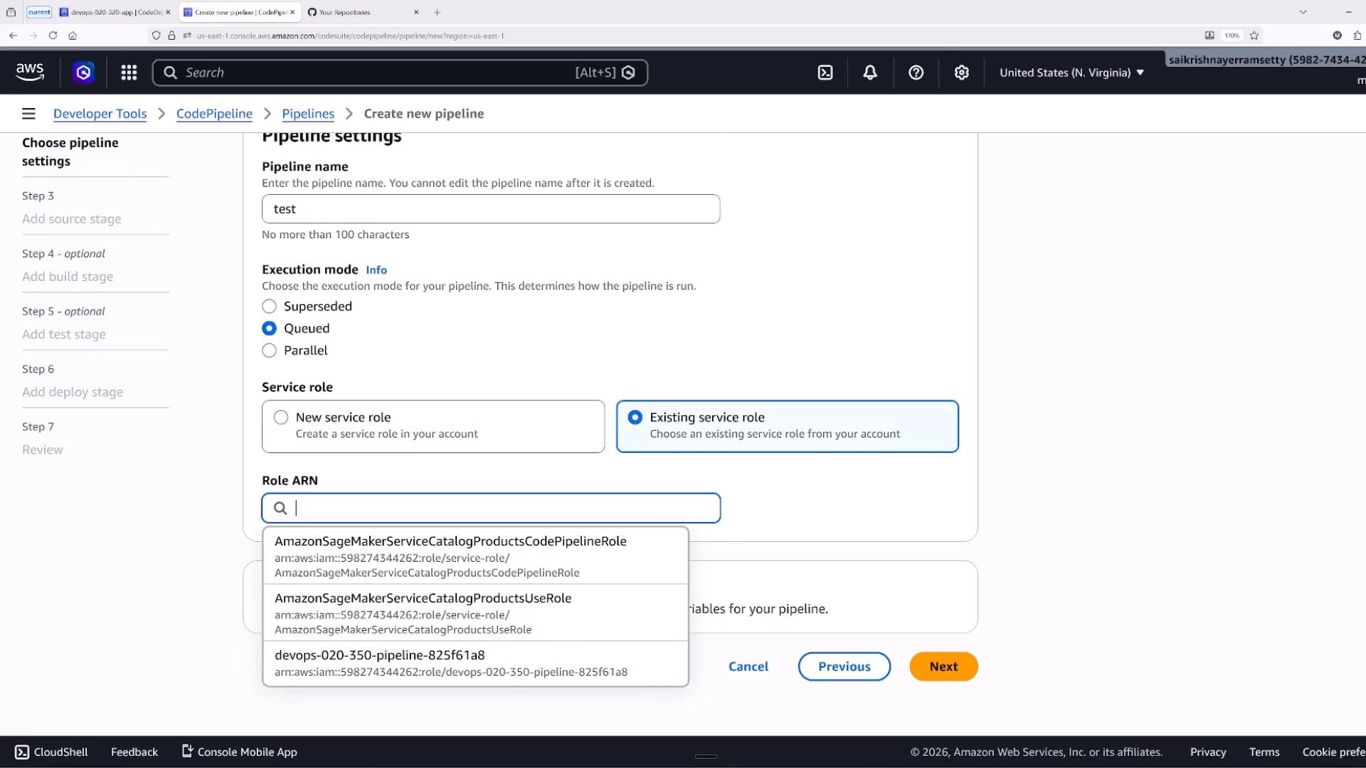 A screenshot of the AWS CodePipeline "Create new pipeline" settings page showing a pipeline named "test", the execution mode set to "Queued", and the option to use an existing service role with a Role ARN dropdown open. The page includes navigation steps on the left and Next/Previous buttons at the bottom.