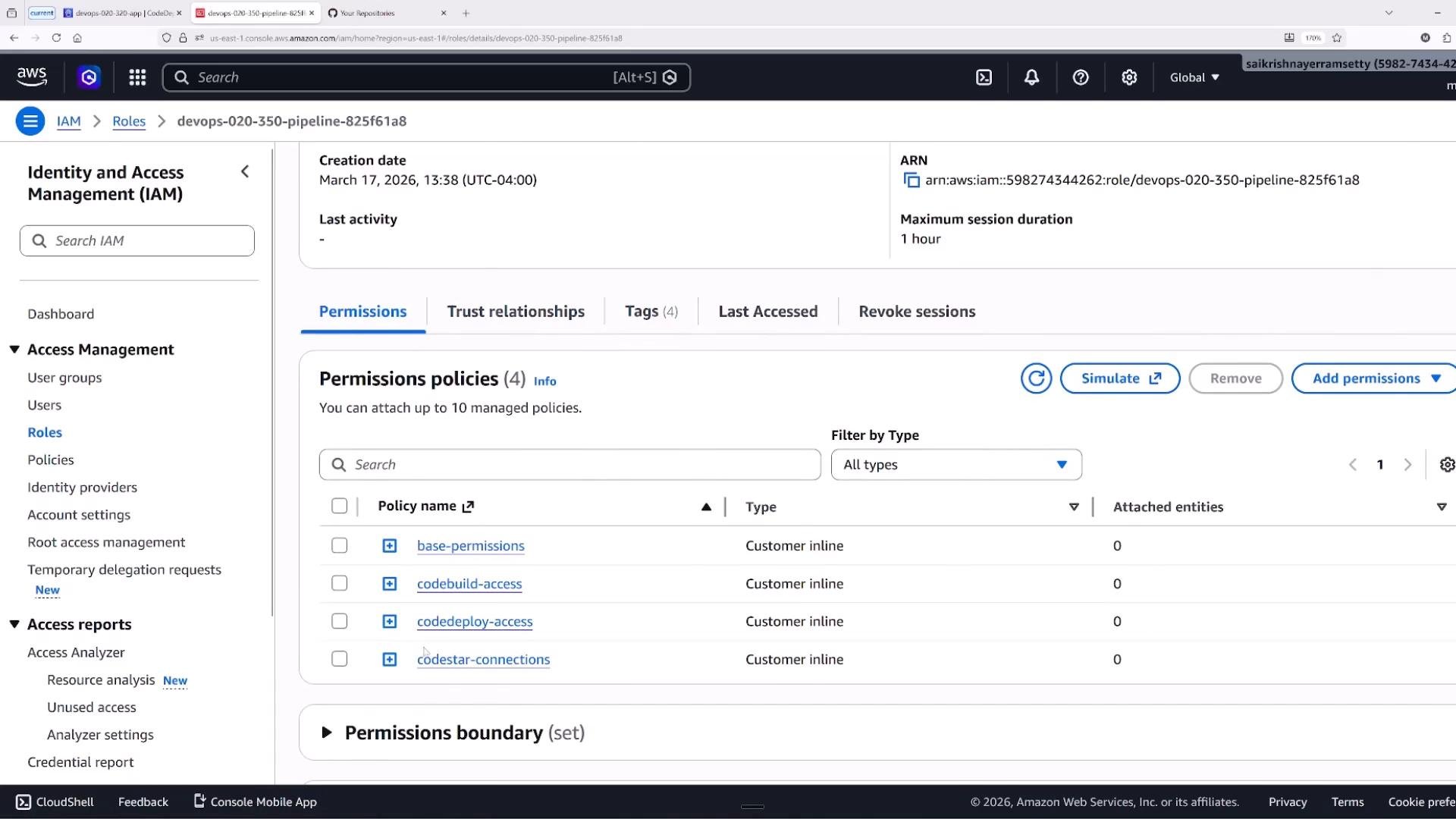 A screenshot of the AWS Identity and Access Management (IAM) console showing details for a role named "devops-020-350-pipeline-825f61a8," including its ARN, creation date, and a list of attached permissions policies (base-permissions, codebuild-access, codedeploy-access, codestar-connections). The left sidebar shows IAM navigation items like Roles, Users, and Policies.