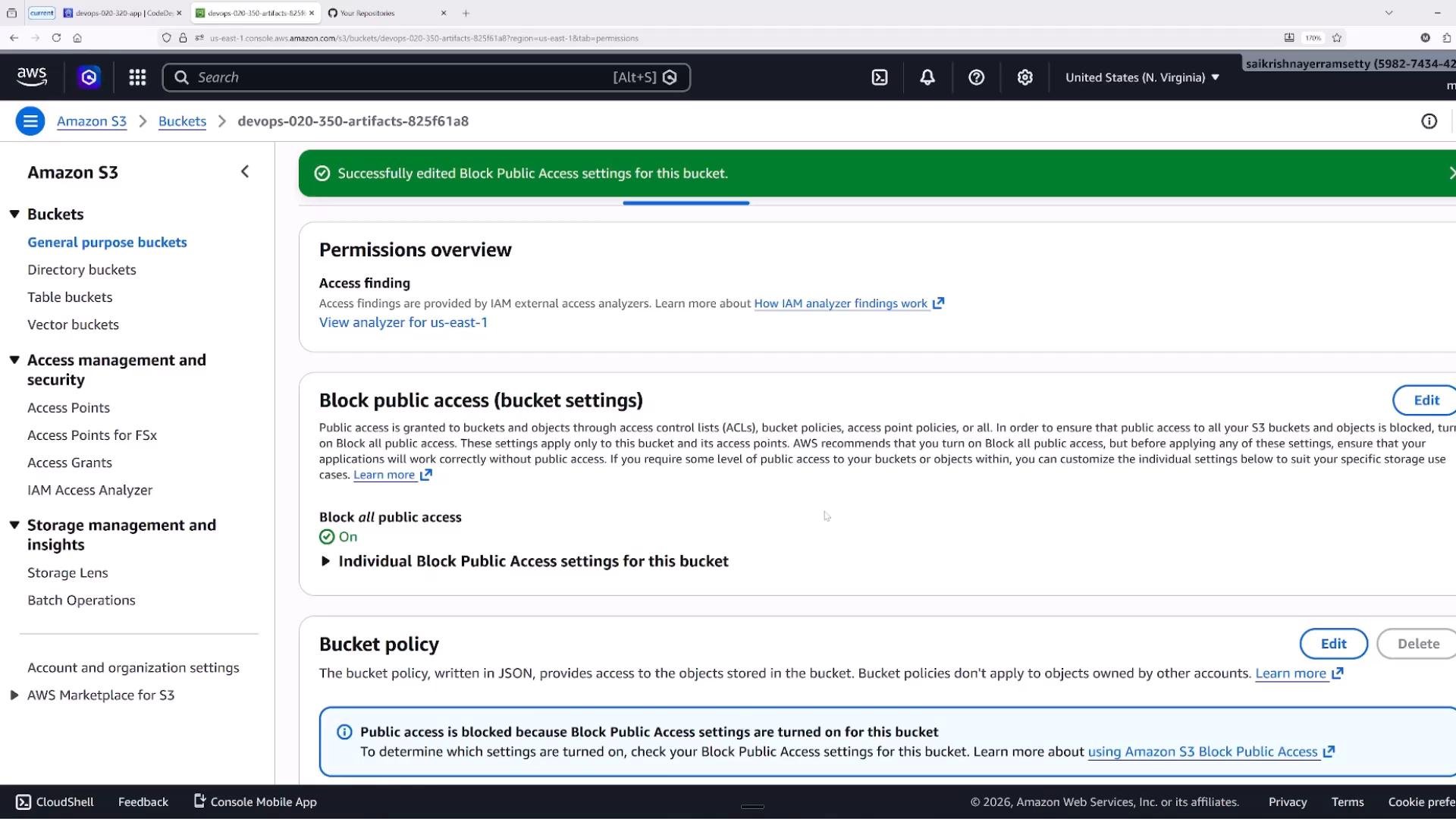 A screenshot of the Amazon S3 console open to a bucket's Permissions page. It shows a green banner saying Block Public Access settings were edited and the "Block all public access" setting turned on, with sections for bucket policy and permissions overview.