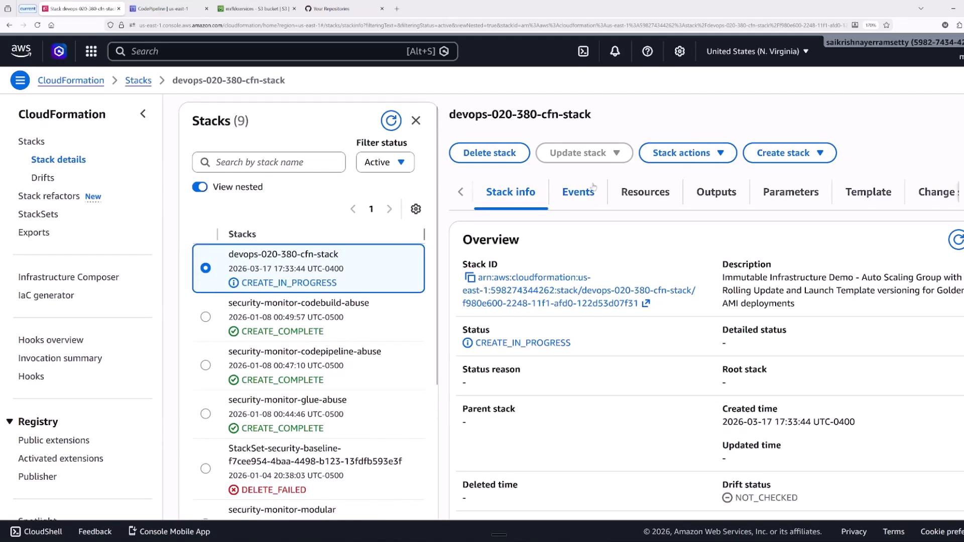 A screenshot of the AWS CloudFormation console showing a list of stacks on the left and details for the selected stack on the right. The selected stack is "devops-020-380-cfn-stack" with status "CREATE_IN_PROGRESS."