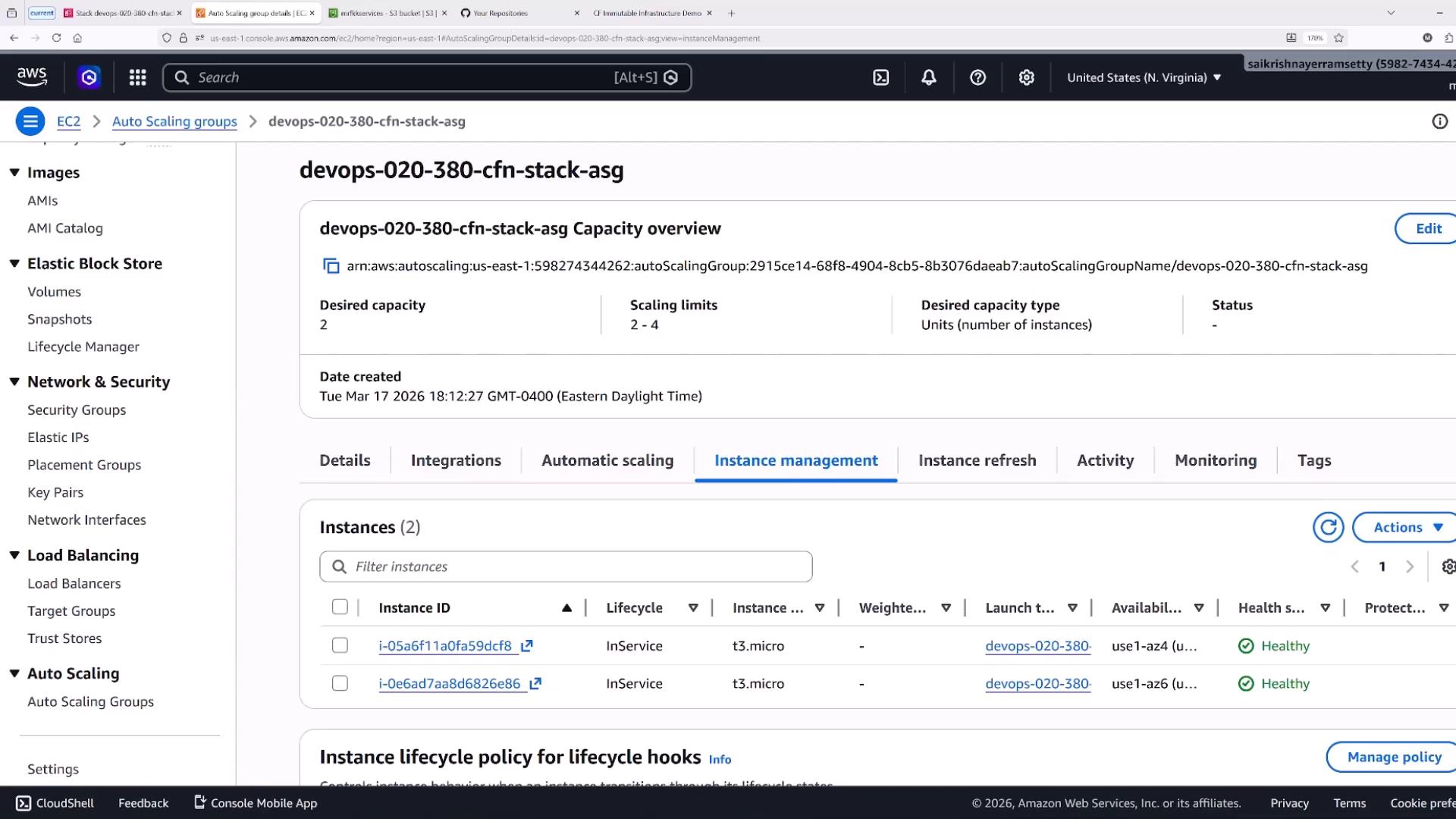Screenshot of the AWS EC2 Auto Scaling Groups console for the "devops-020-380-cfn-stack-asg" group. It shows desired capacity 2 (scaling limits 2–4) and two InService t3.micro instances listed as Healthy.