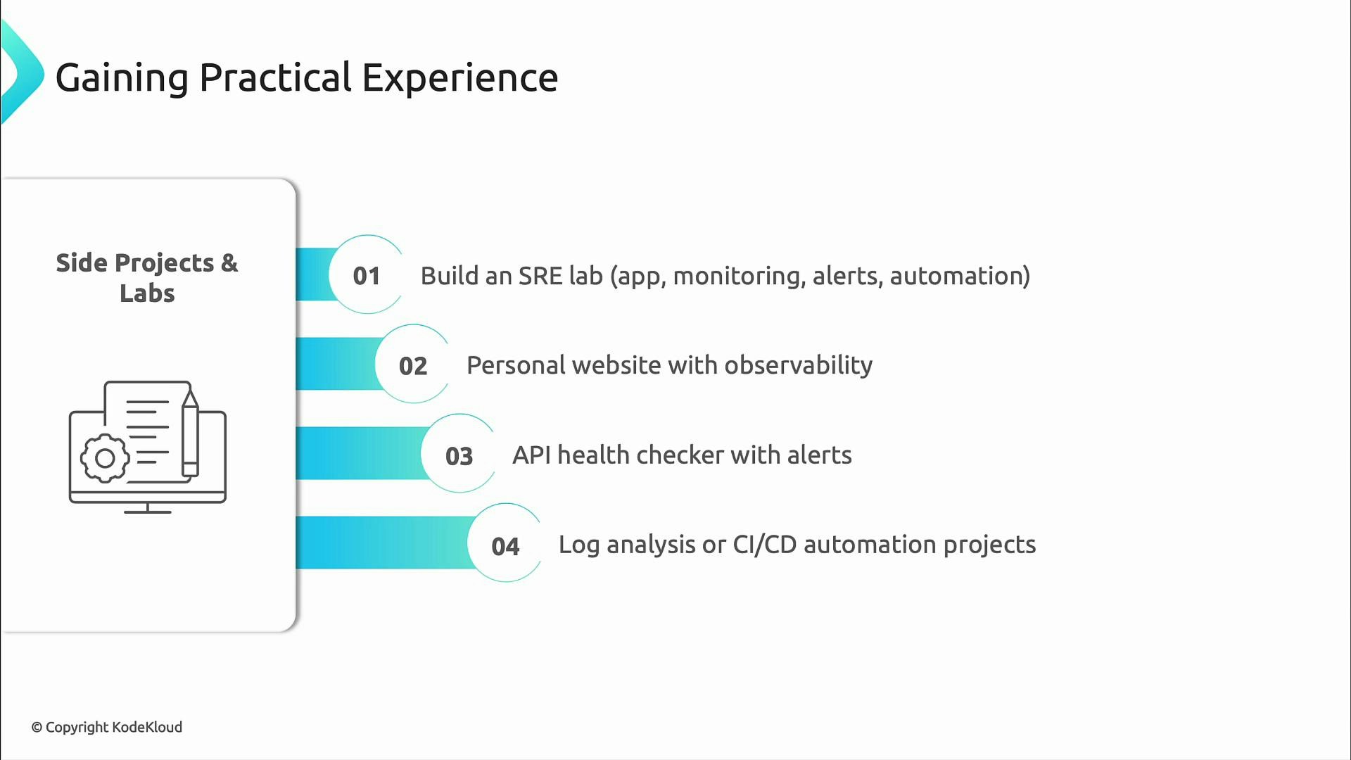 A presentation slide titled "Gaining Practical Experience" showing "Side Projects & Labs" with four numbered suggestions: build an SRE lab, create a personal website with observability, make an API health checker with alerts, and do log analysis or CI/CD automation projects. The left side has an icon of a monitor, document and gear.