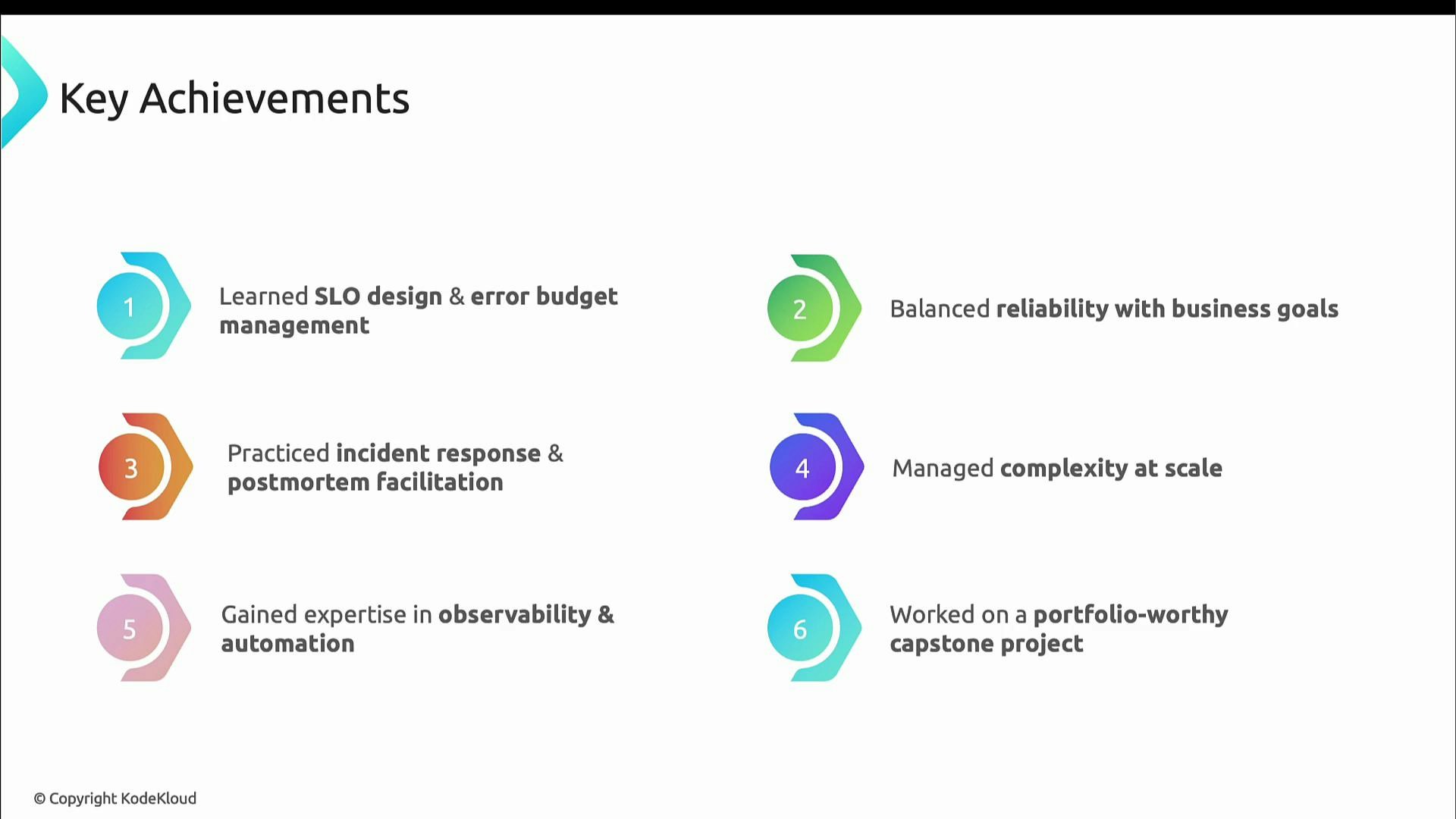 A presentation slide titled "Key Achievements" showing six numbered items. It lists accomplishments like SLO design and error-budget management, incident response and postmortems, observability and automation, balancing reliability with business goals, managing complexity at scale, and completing a portfolio-worthy capstone project.