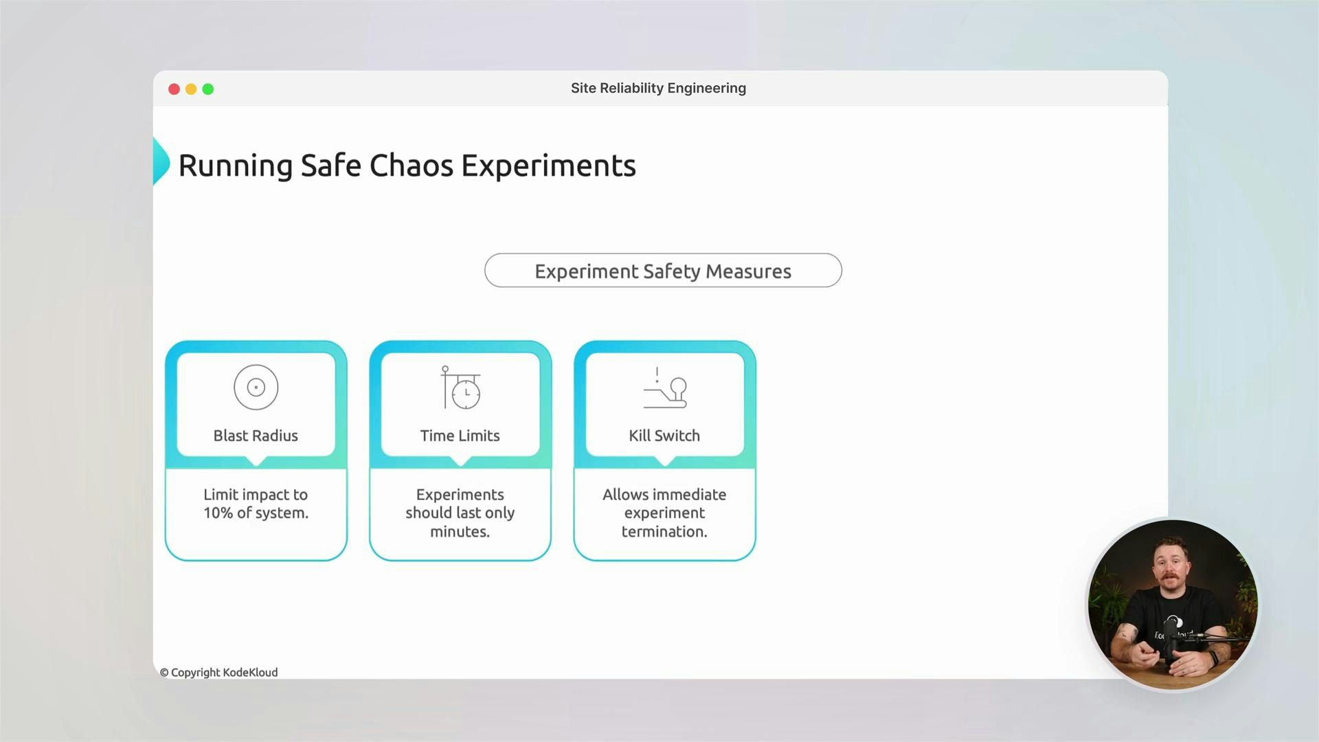 A presentation slide titled "Running Safe Chaos Experiments" showing three safety measure cards — Blast Radius, Time Limits, and Kill Switch — and a small presenter video inset in the bottom-right. The cards note limiting impact to 10% of the system, keeping experiments to minutes, and allowing immediate termination.