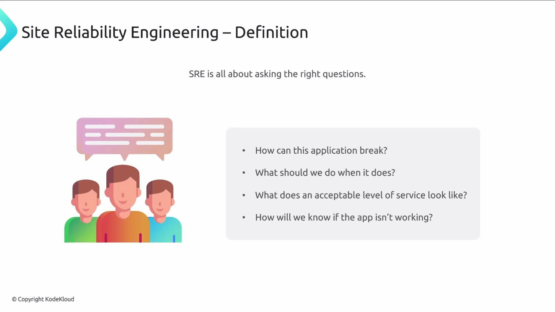 A presentation slide titled "Site Reliability Engineering – Definition" with an illustration of three people and a speech bubble on the left and a boxed bullet list on the right. The bullets ask SRE questions like how the application can break, what to do when it does, acceptable service levels, and how to know if the app isn't working.