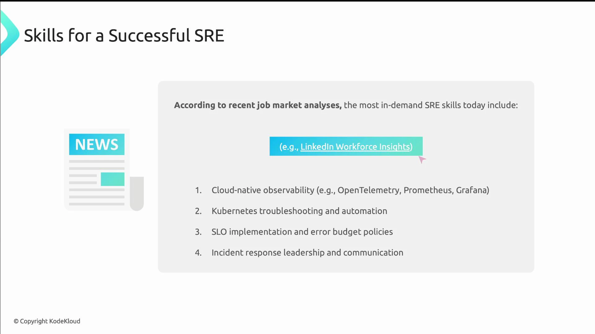 A presentation slide titled "Skills for a Successful SRE" listing four in-demand skills: cloud-native observability (e.g., OpenTelemetry, Prometheus, Grafana), Kubernetes troubleshooting and automation, SLO implementation and error budget policies, and incident response leadership and communication. There's also a small newspaper-style "NEWS" icon on the left and a citation to LinkedIn Workforce Insights.