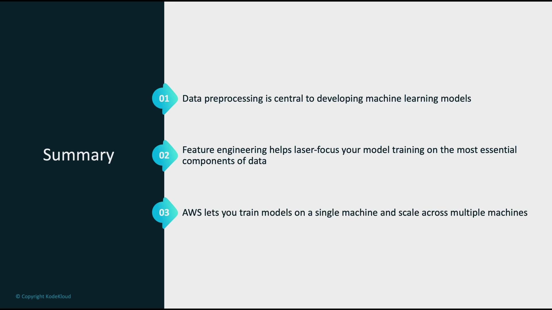 The image is a summary slide that outlines three points about machine learning: the importance of data preprocessing, the role of feature engineering, and the capabilities of AWS in scaling model training.