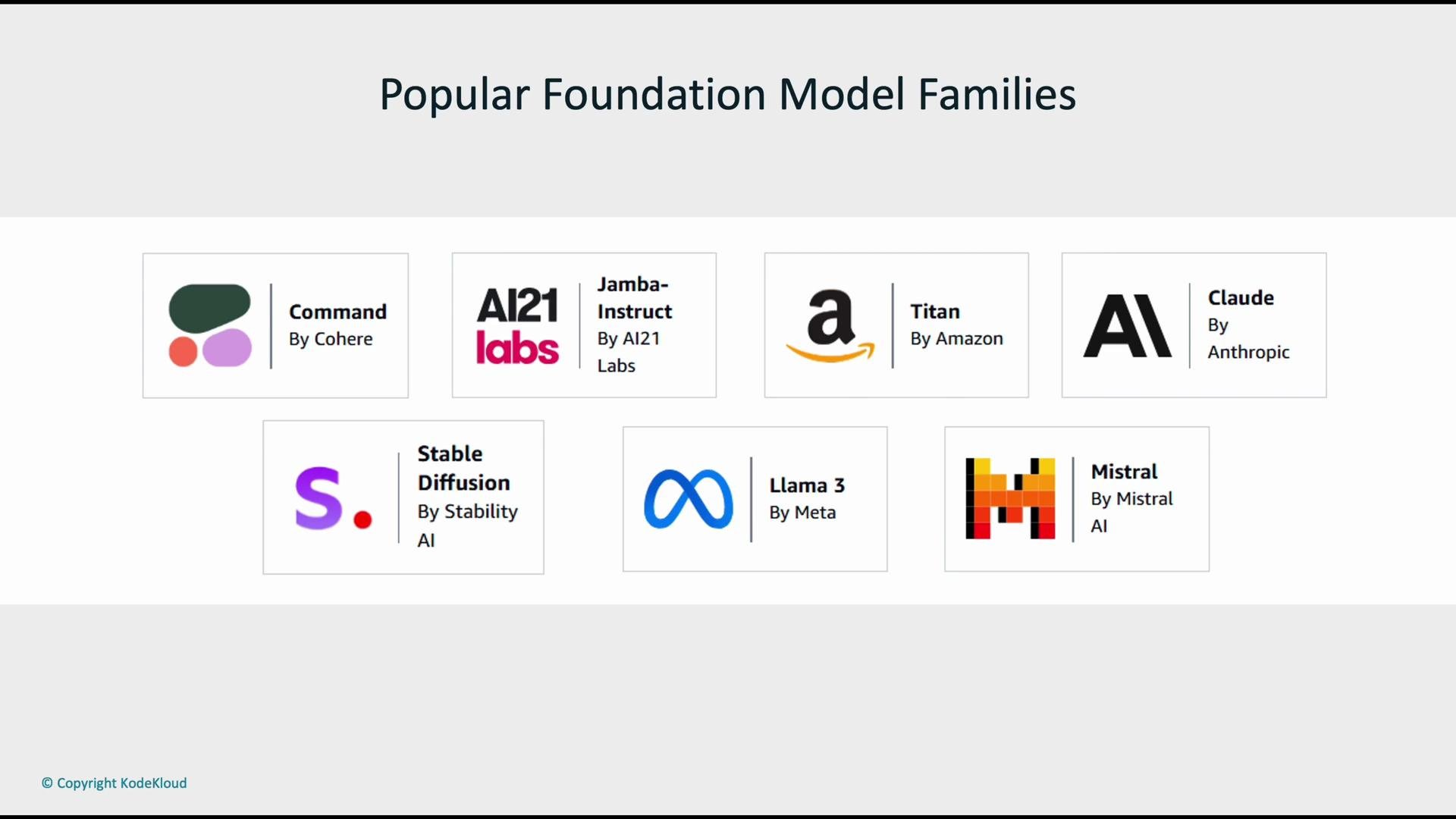 The image lists popular foundation model families with their logos, including Command by Cohere, J1-Jumbo-Instruct by AI21 Labs, Titan by Amazon, Claude by Anthropic, Stable Diffusion by Stability AI, Llama 3 by Meta, and Mistral by Mistral AI.