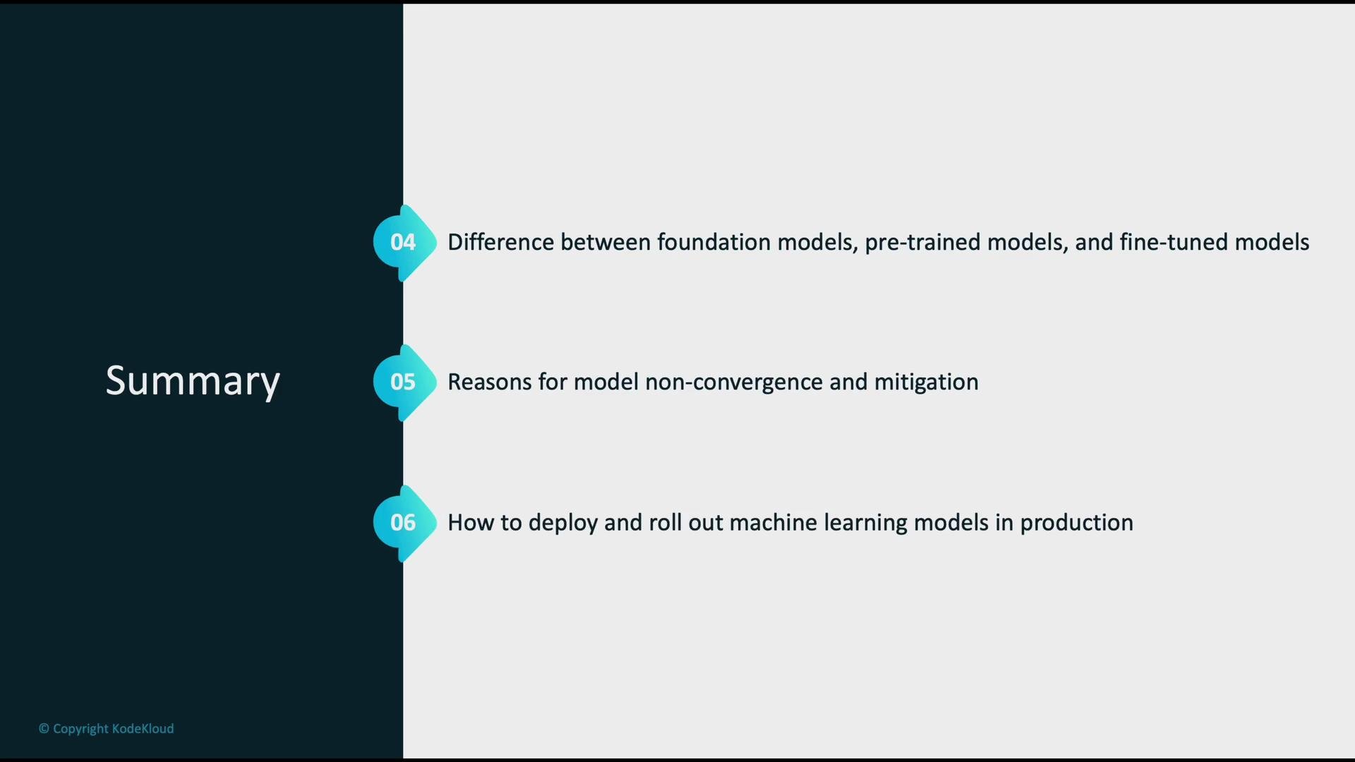 The image is a summary slide showing key points about foundation, pre-trained, and fine-tuned models, reasons for model non-convergence, and deploying machine learning models in production.