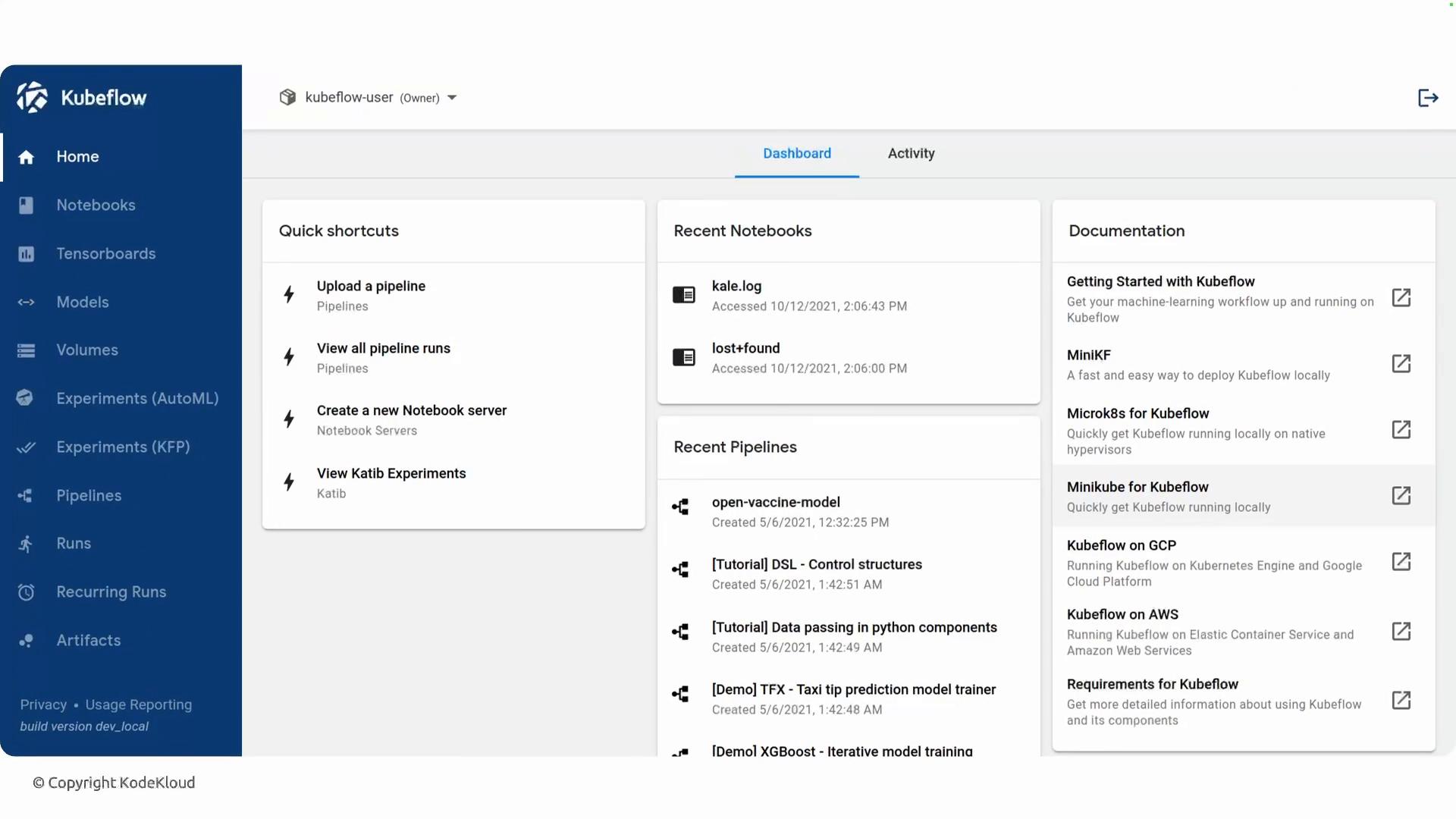 A Kubeflow web dashboard screenshot showing a left-hand navigation menu and central panels with Quick shortcuts, Recent Notebooks and Recent Pipelines. The right column shows documentation links and resources for getting started.
