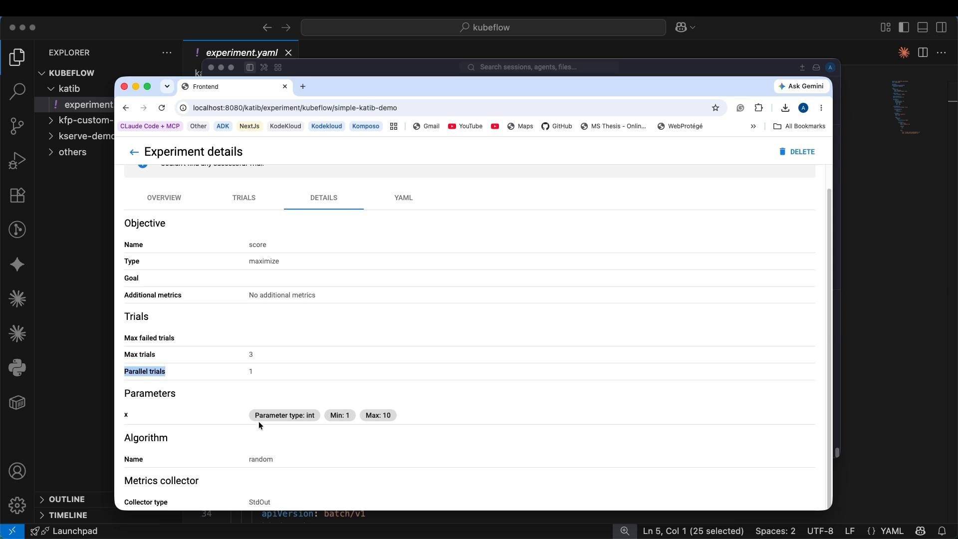 A computer screenshot showing a browser open to a Kubeflow Katib "Experiment details" page listing objective, trials, parameters, and algorithm settings. In the background is a code editor (VS Code) with an experiment.yaml file.