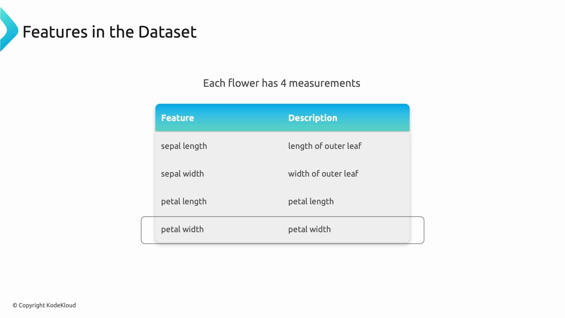 A presentation slide titled "Features in the Dataset" showing a table of four flower measurements—sepal length, sepal width, petal length, and petal width—with brief descriptions for each.