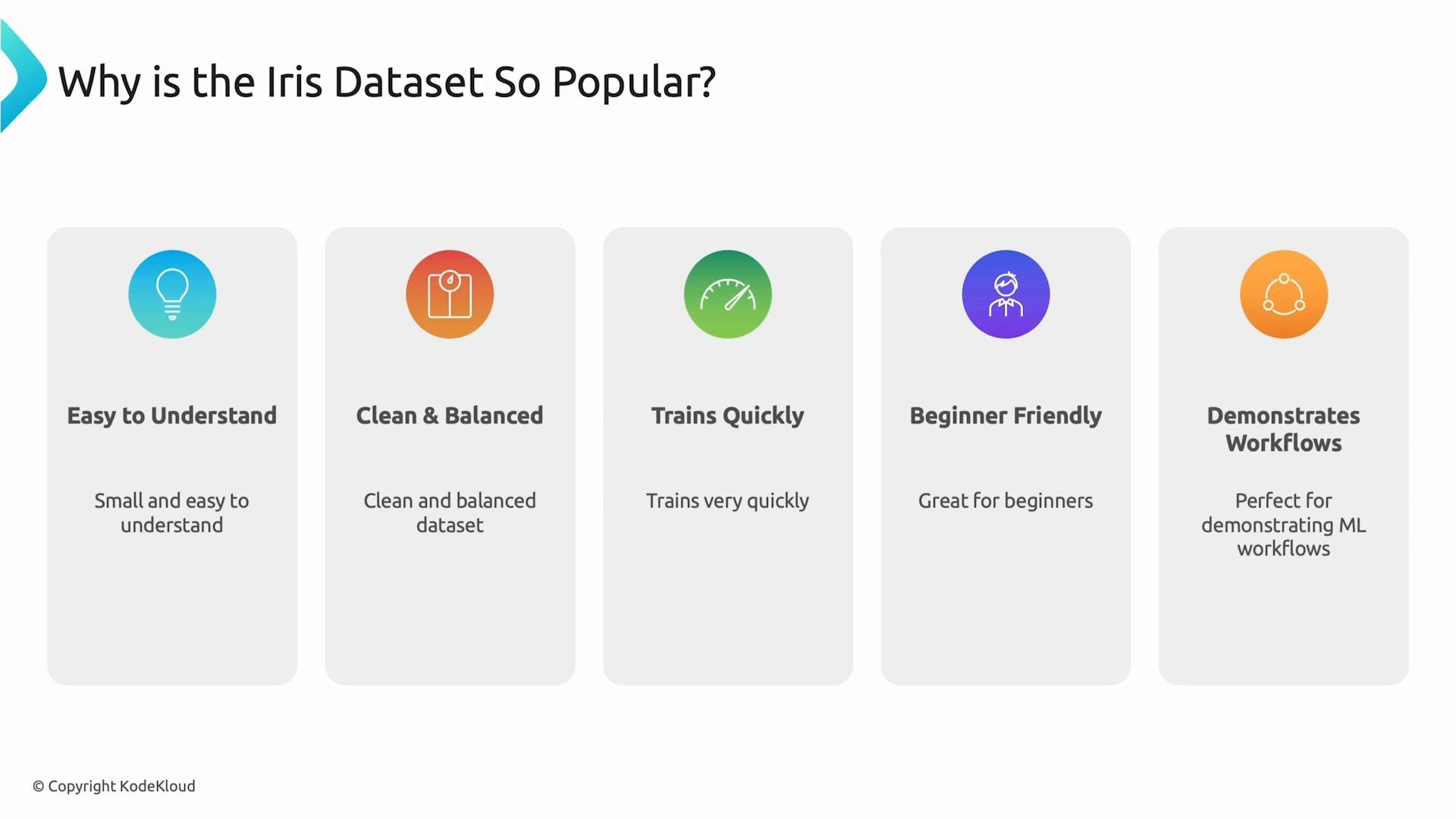 A slide titled "Why is the Iris Dataset So Popular?" showing five panels that list reasons: Easy to Understand, Clean & Balanced, Trains Quickly, Beginner Friendly, and Demonstrates Workflows. Each panel has an icon and a short explanatory phrase.
