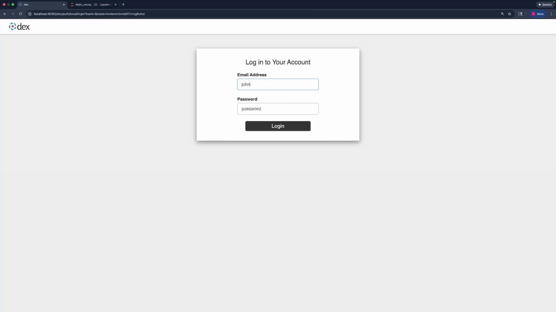 A web browser window showing a centered "Log in to Your Account" form (Email Address and Password fields) with a "Login" button and a "dex" logo in the top left. The email field contains the text "john".