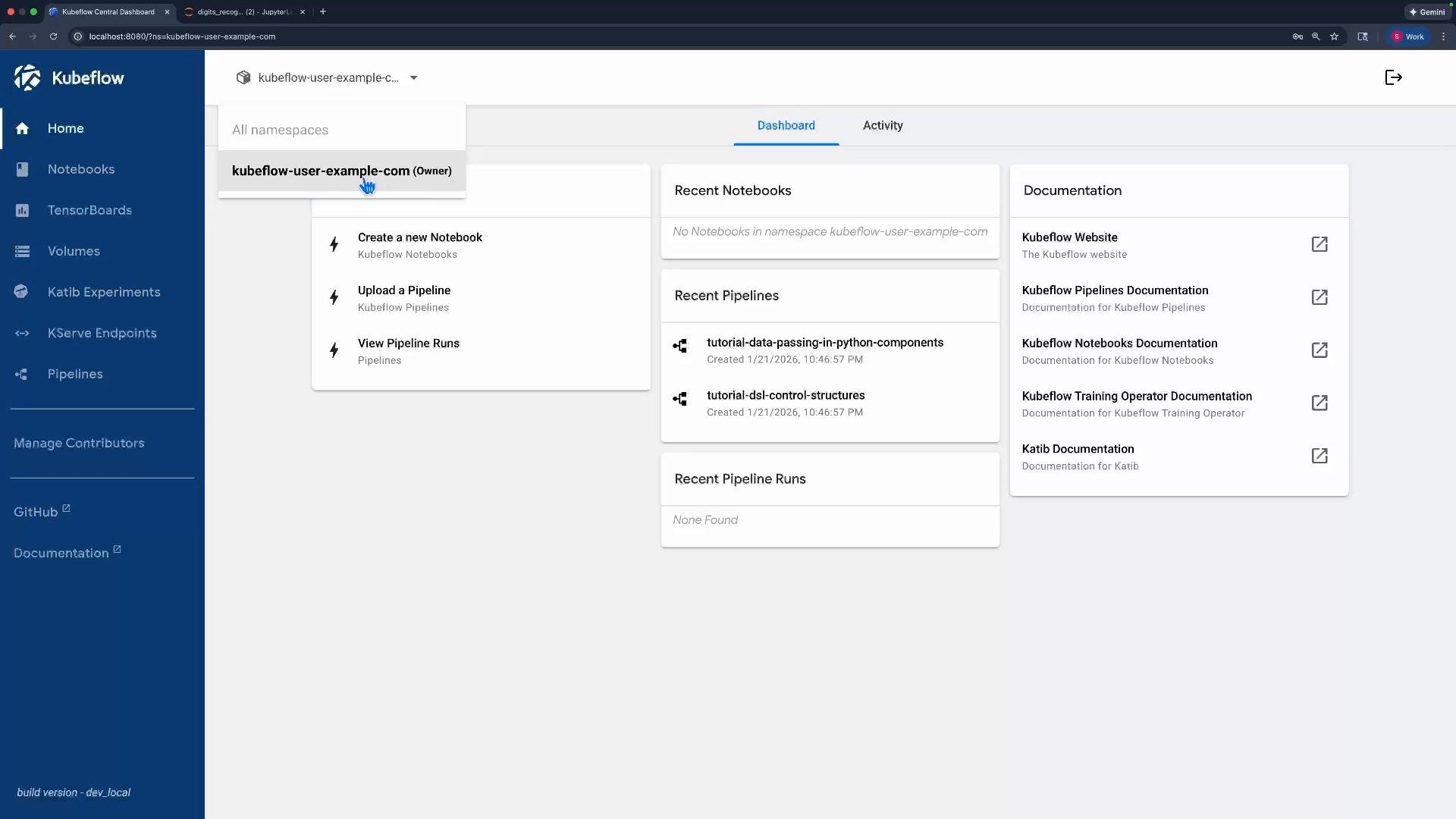 A screenshot of the Kubeflow web dashboard showing the namespace "kubeflow-user-example-com" with a left navigation bar and dashboard panels. The main area lists actions like creating notebooks, recent pipelines, and documentation links.