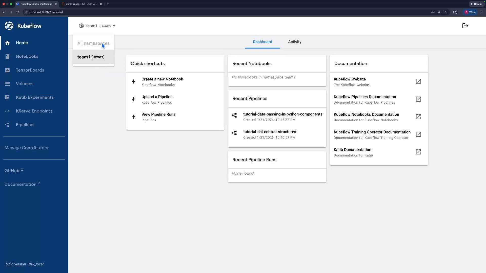 A screenshot of the Kubeflow Central Dashboard showing a left navigation menu and main dashboard panels with Quick shortcuts, Recent Notebooks/Pipelines, and Documentation. The selected namespace is "team1."