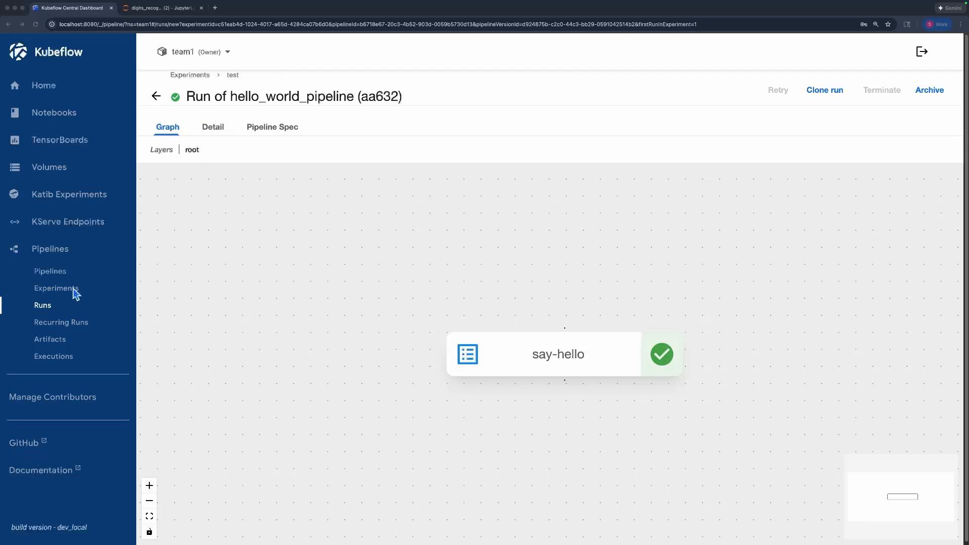 A Kubeflow dashboard showing a run of "hello_world_pipeline" with the left navigation menu visible. The pipeline graph displays a single completed step labeled "say-hello" with a green checkmark.