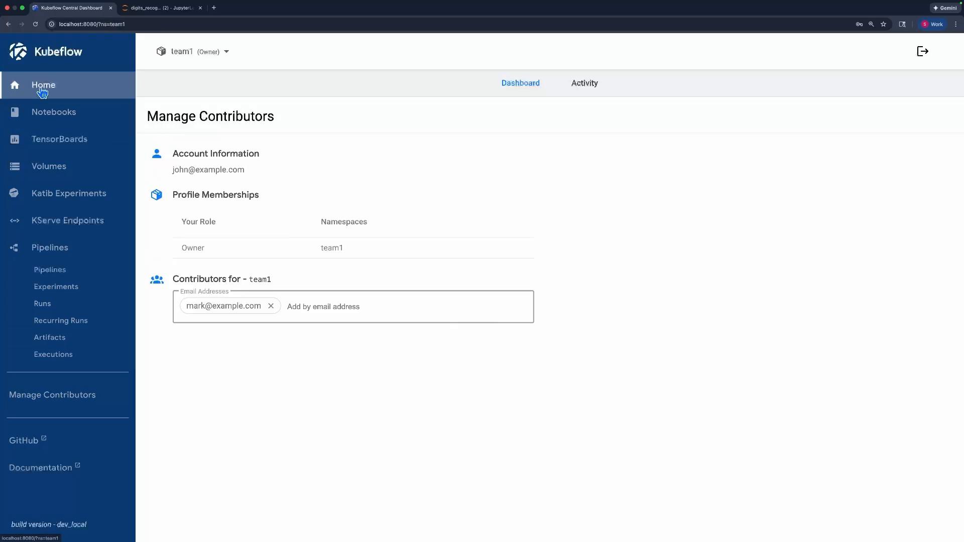 A Kubeflow web UI showing the "Manage Contributors" page for the team1 namespace, with account information (john@example.com) and a form field to add contributor emails (e.g., mark@example.com).