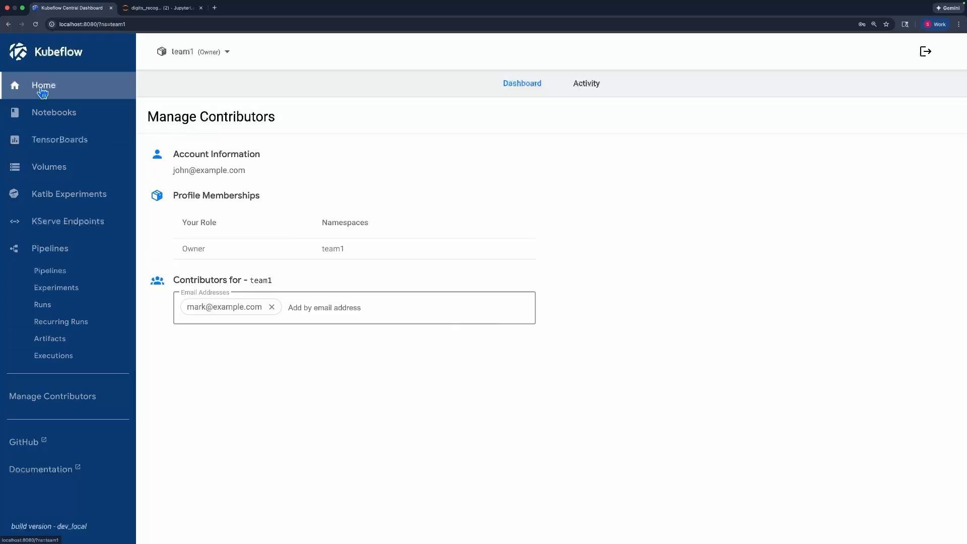 A Kubeflow web UI showing the "Manage Contributors" page for the team1 namespace, with account information (john@example.com) and a form field to add contributor emails (e.g., mark@example.com).