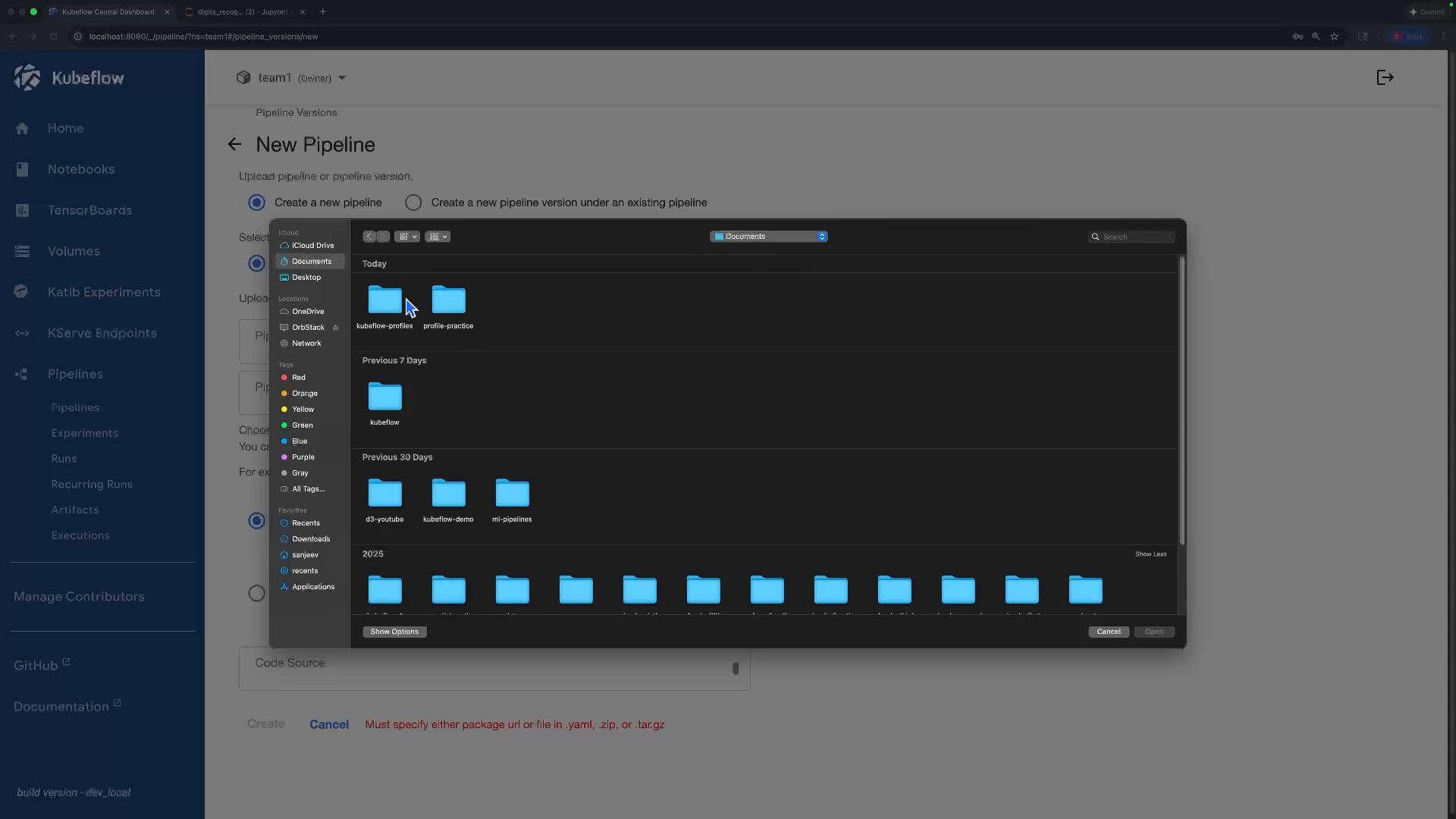 A screenshot of the Kubeflow web UI on the "New Pipeline" page with a macOS file picker dialog open over it, showing several blue folders (e.g., kubeflow-profiles, profile-practice). The left sidebar of Kubeflow with navigation items is visible in the background.