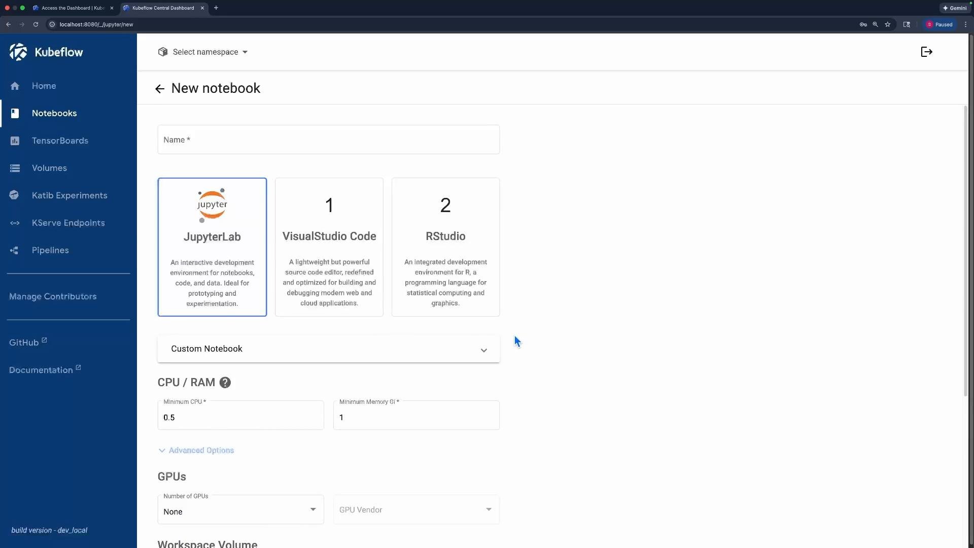 A Kubeflow dashboard "New notebook" screen showing selectable notebook types (JupyterLab, VisualStudio Code, RStudio). The page also displays CPU/RAM and GPU configuration fields with a left-side navigation menu.