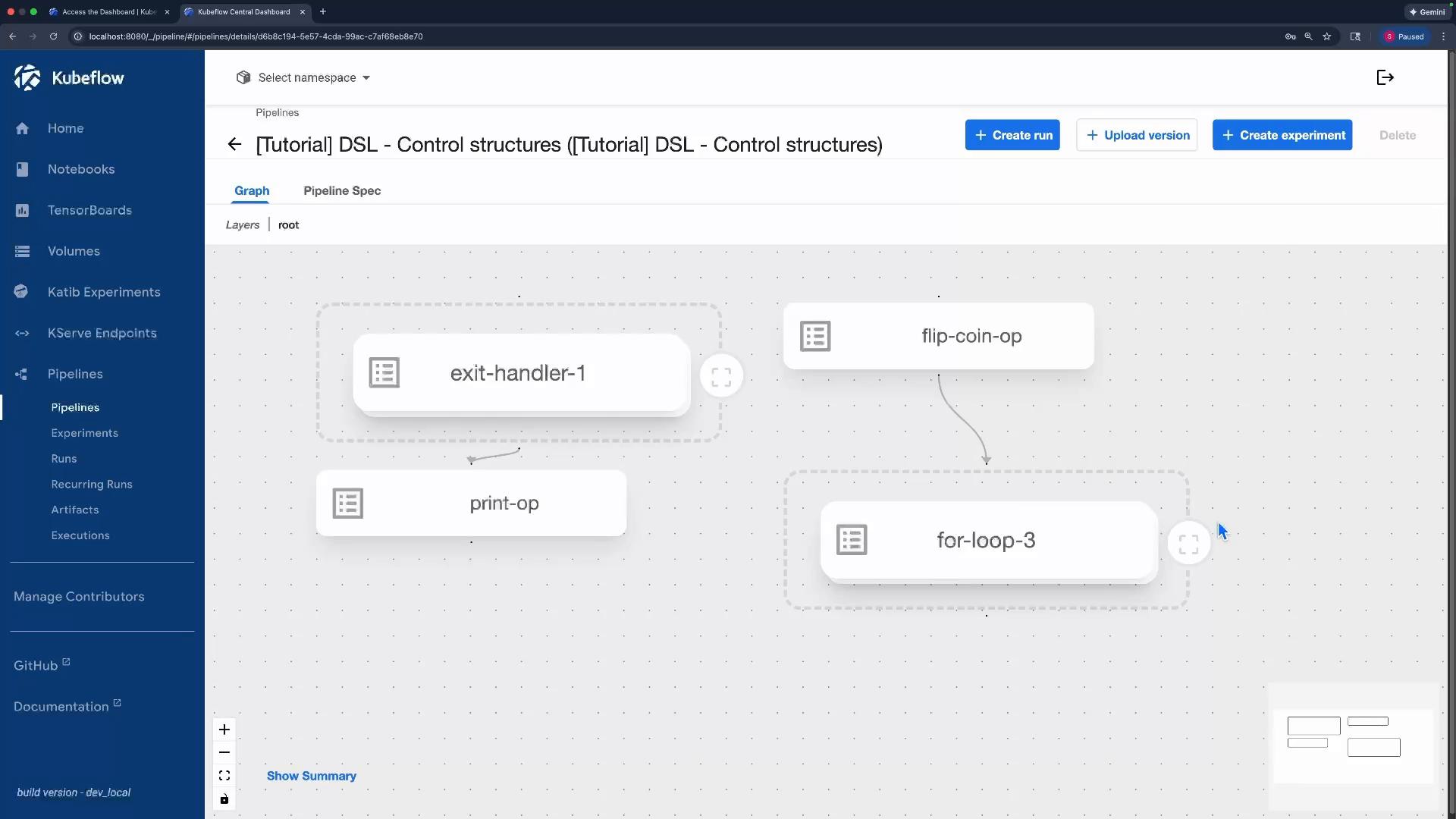 A screenshot of the Kubeflow Pipelines web UI showing a pipeline graph titled "[Tutorial] DSL - Control structures" with nodes labeled exit-handler-1, flip-coin-op, print-op, and for-loop-3. The left sidebar shows navigation items like Home, Notebooks, and Pipelines.