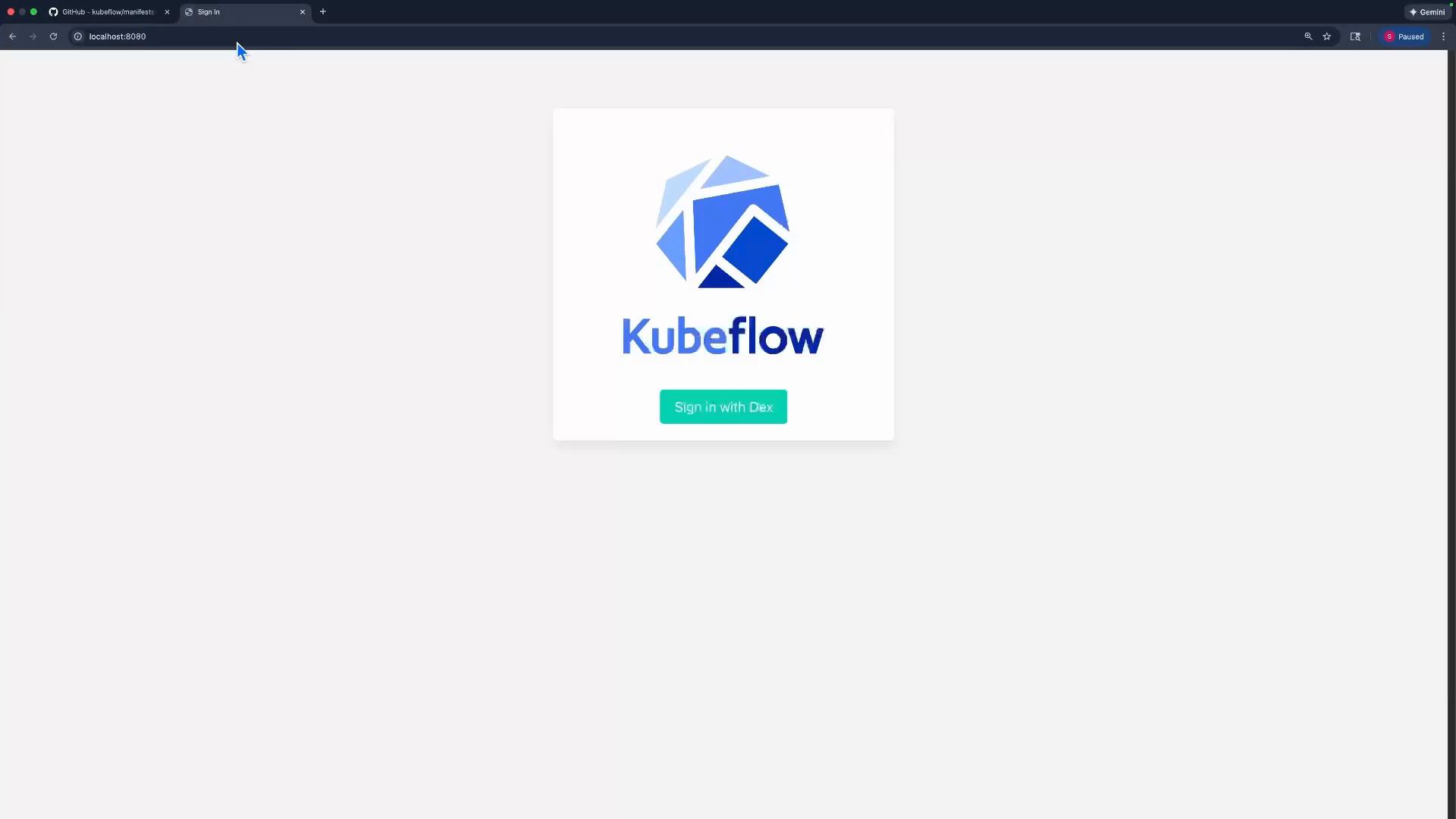 A web browser displaying the Kubeflow sign-in page with the Kubeflow logo centered and a "Sign in with Dex" button. The address bar shows localhost:8080.