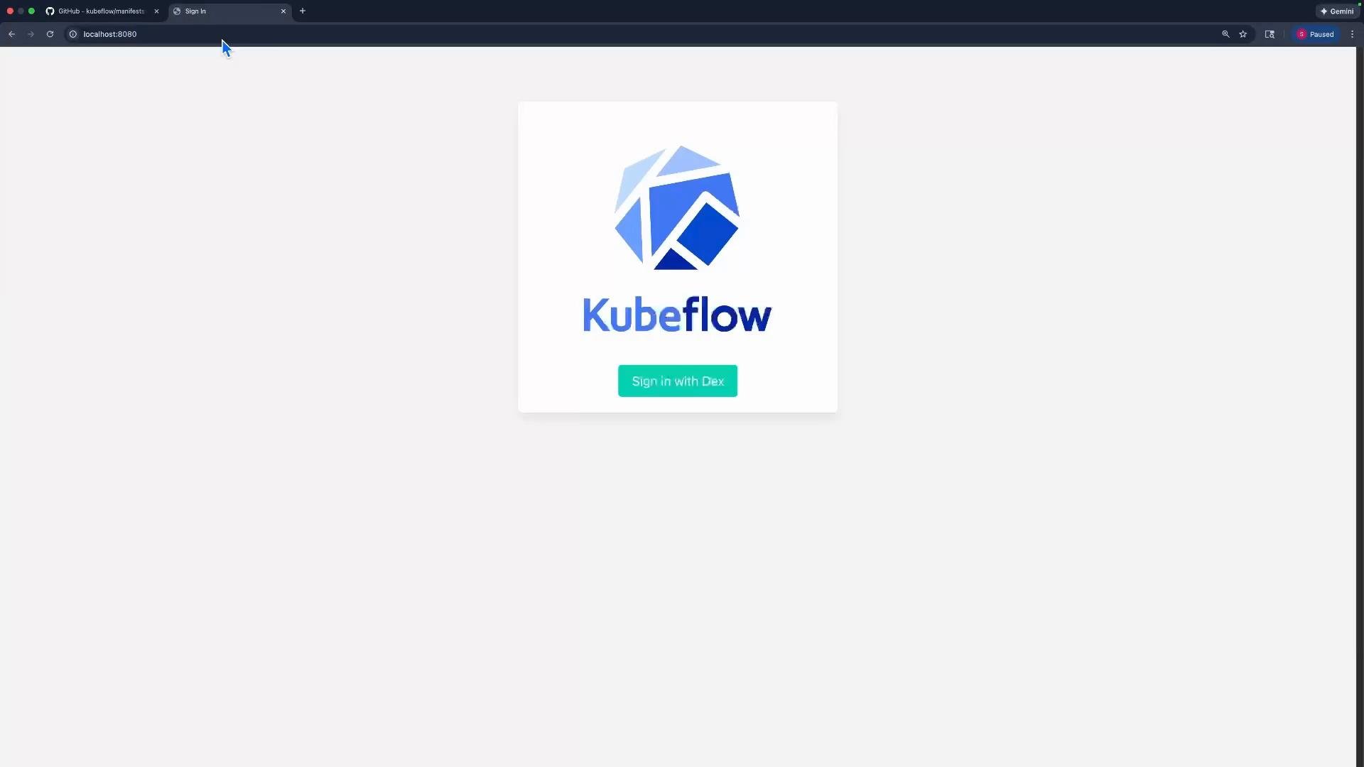 A web browser displaying the Kubeflow sign-in page with the Kubeflow logo centered and a "Sign in with Dex" button. The address bar shows localhost:8080.