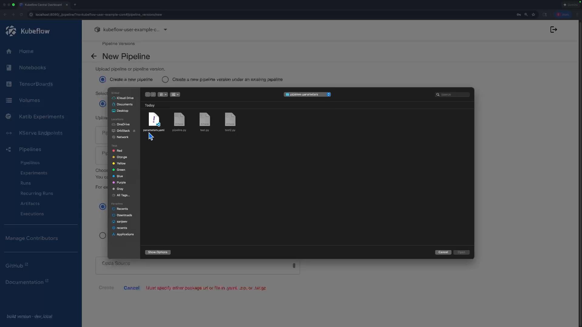 A Kubeflow Central Dashboard "New Pipeline" page is visible with a macOS file-open dialog overlaid, showing files like parameters.yaml and several .py scripts. The Kubeflow navigation menu is shown on the left.