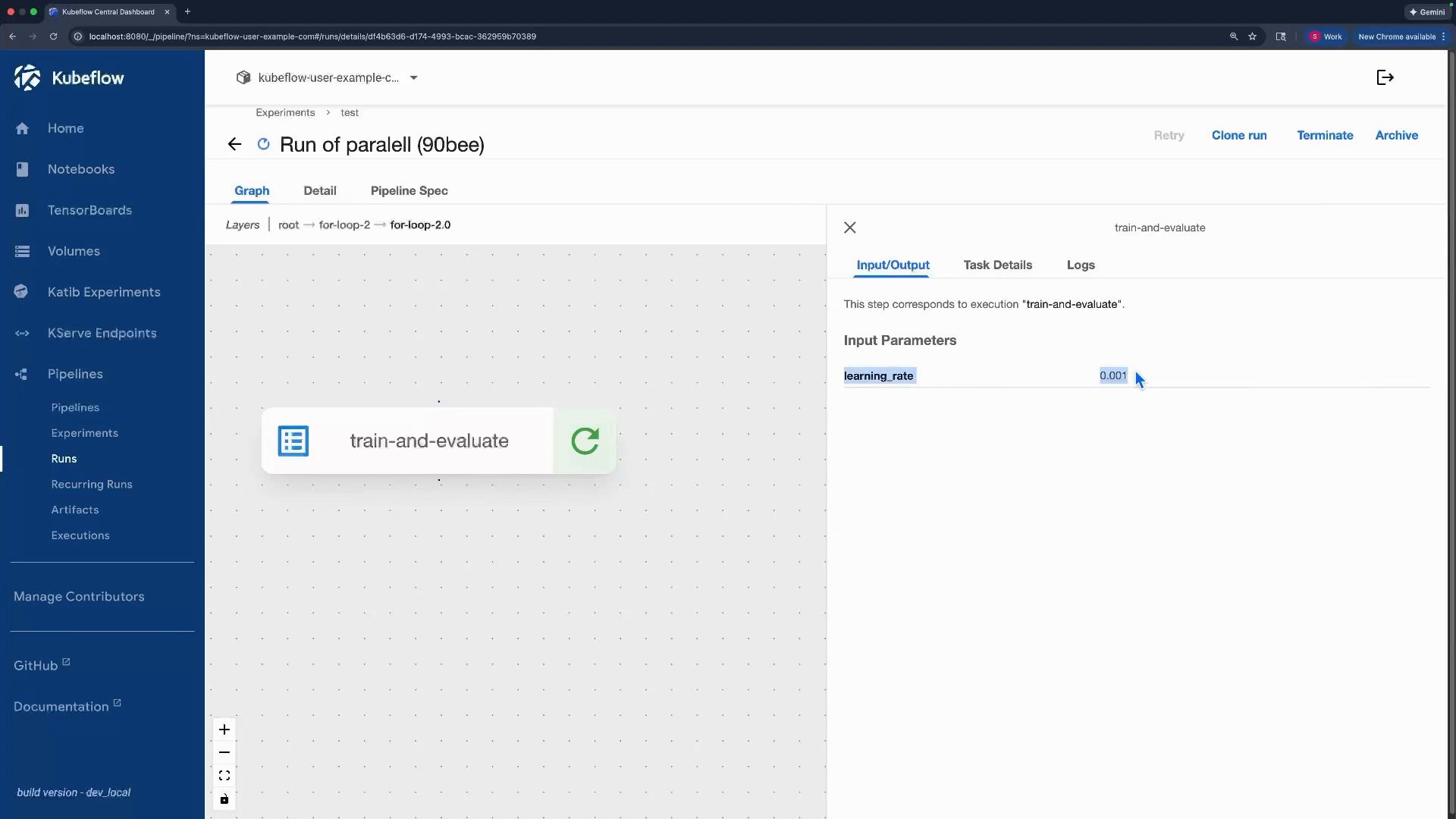 A screenshot of the Kubeflow Central Dashboard showing a pipeline run titled "Run of parallel (90bee)" with a selected "train-and-evaluate" step displaying an input parameter "learning_rate" set to 0.001. The left sidebar shows navigation items like Home, Notebooks, TensorBoards, and Pipelines.