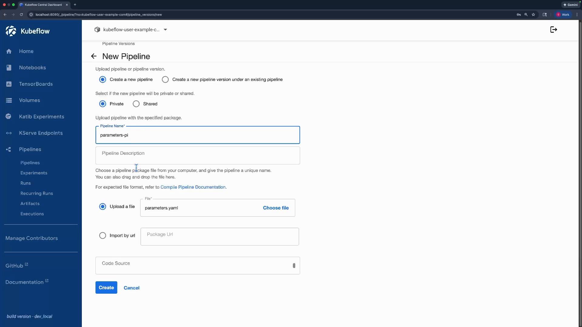 Screenshot of the Kubeflow Central Dashboard showing the "New Pipeline" creation form, with the pipeline name set to "parameters-pi" and a file "parameters.yaml" selected for upload. The app's left navigation bar (Home, Notebooks, Pipelines, etc.) is visible.