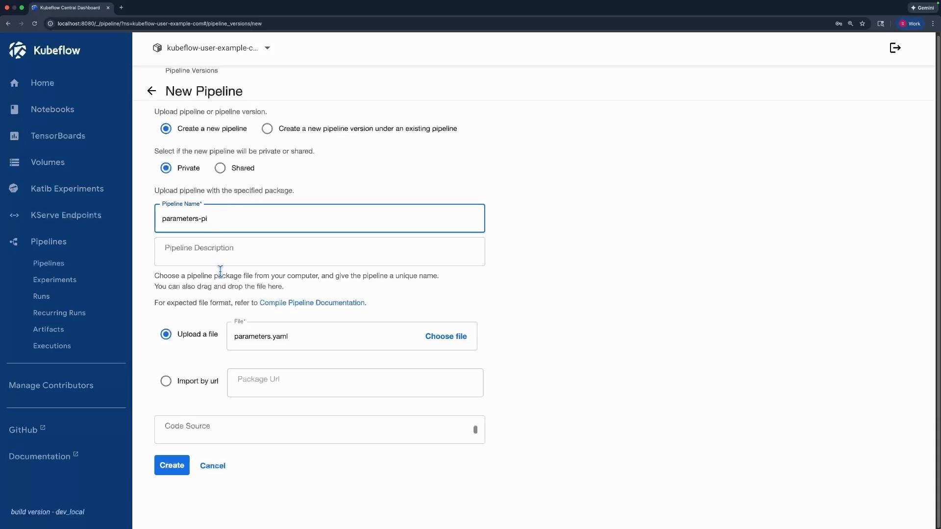 Screenshot of the Kubeflow Central Dashboard showing the "New Pipeline" creation form, with the pipeline name set to "parameters-pi" and a file "parameters.yaml" selected for upload. The app's left navigation bar (Home, Notebooks, Pipelines, etc.) is visible.