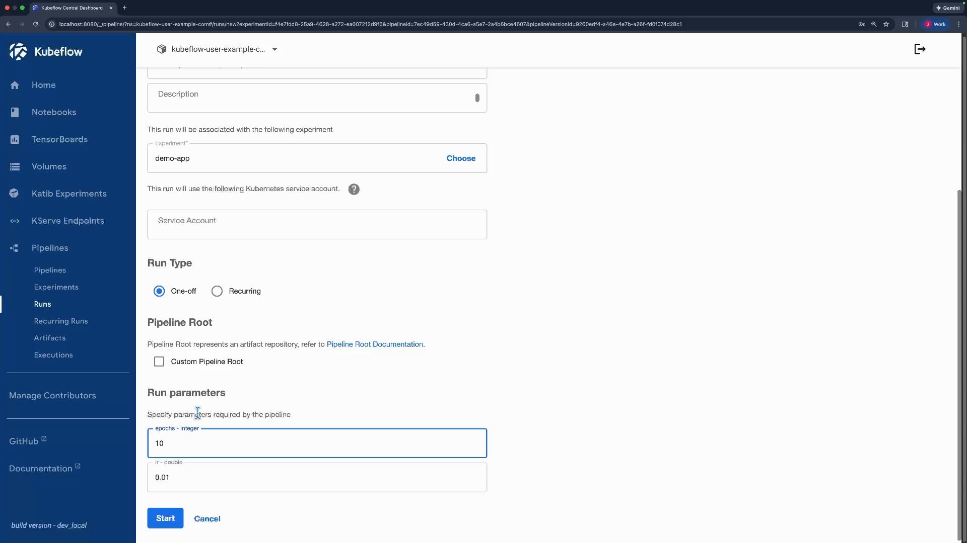 A screenshot of the Kubeflow web UI showing a "Start Run" form for pipelines, with a left navigation bar and fields for experiment, service account, run type, pipeline root and run parameters. The page shows options like one-off vs recurring and input boxes for epochs and learning rate.