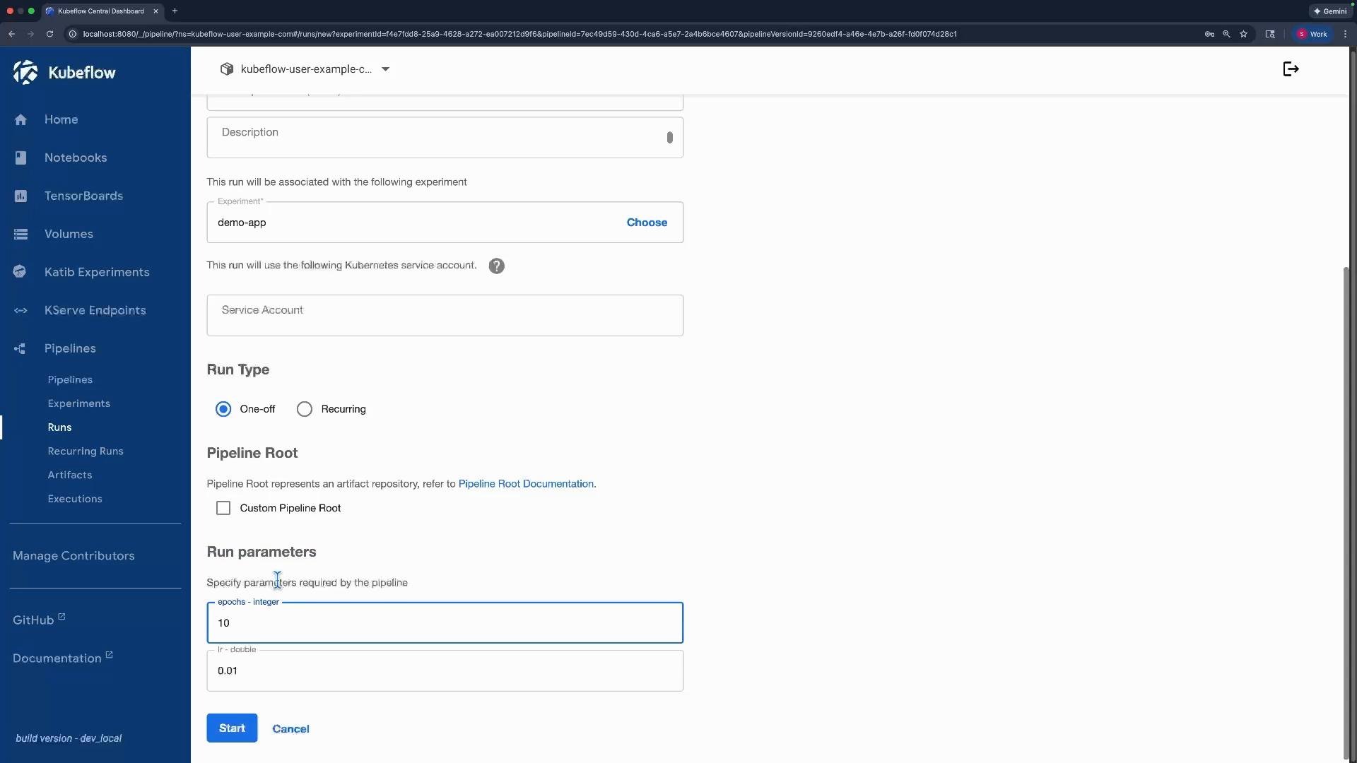 A screenshot of the Kubeflow web UI showing a "Start Run" form for pipelines, with a left navigation bar and fields for experiment, service account, run type, pipeline root and run parameters. The page shows options like one-off vs recurring and input boxes for epochs and learning rate.