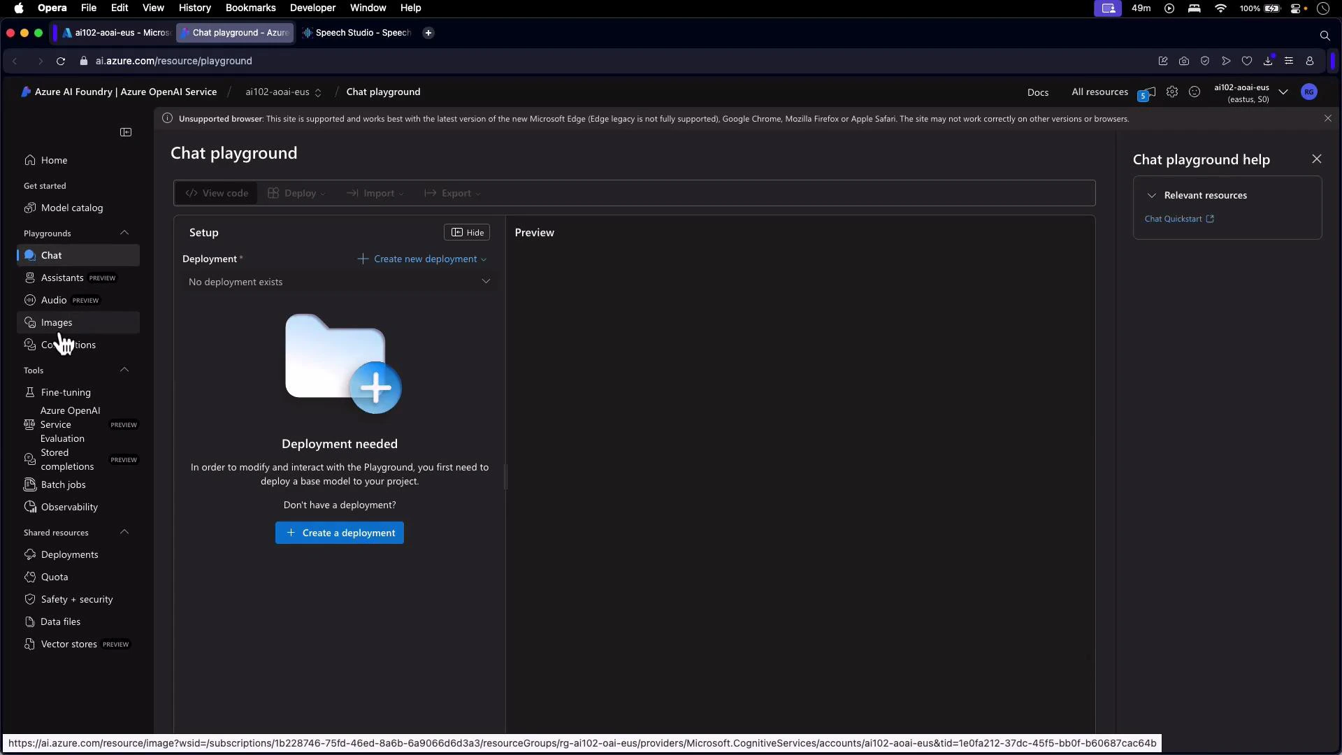 A screenshot of the Azure AI "Chat playground" web interface in dark mode. The main panel shows a "Deployment needed" message with a folder icon and a "Create a deployment" button, plus a left navigation menu and an empty preview area.