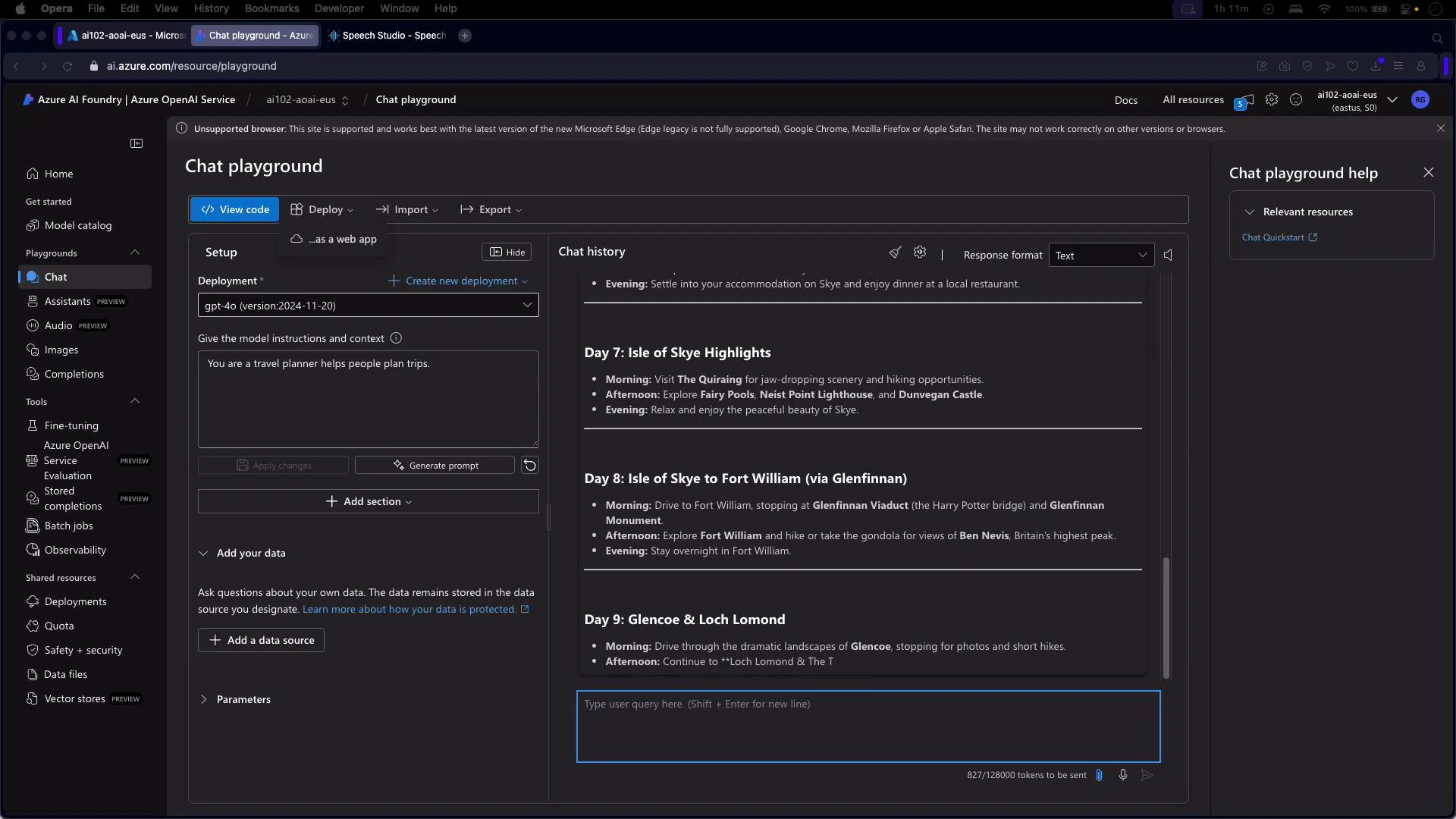 A dark-mode screenshot of the Azure OpenAI "Chat playground" interface in a browser window. The UI shows deployment/setup controls on the left and a chat history with a travel itinerary (Day 7–9: Isle of Skye, Fort William, Glencoe & Loch Lomond) in the main pane.