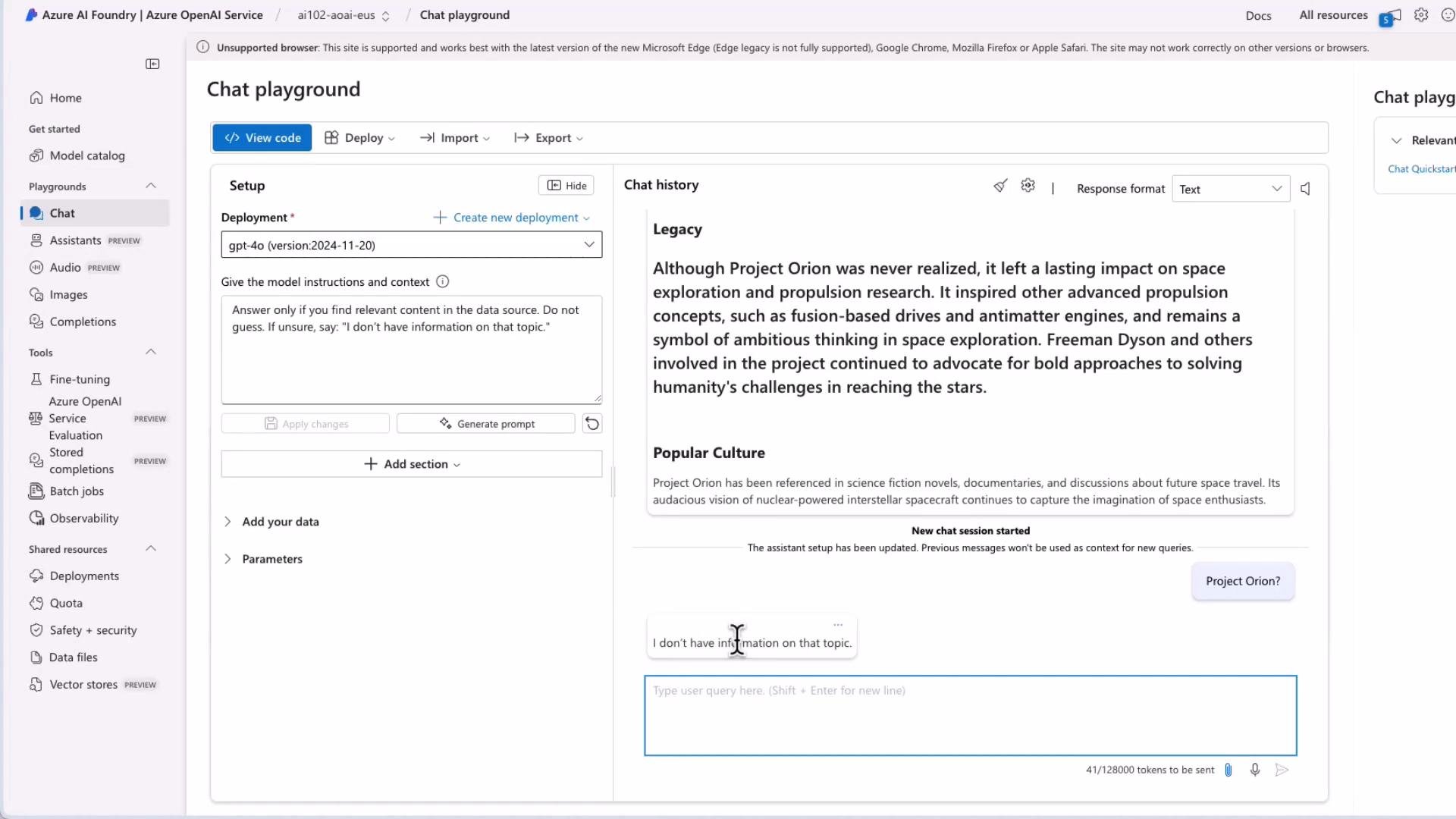 A screenshot of the Azure AI Foundry / Azure OpenAI Service "Chat playground" interface, showing the setup/deployment panel on the left and a chat history pane on the right with text about "Project Orion." The page includes controls for deployment selection, prompt/instructions, and a text input box for user queries.